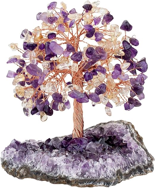 Drzewko Reiki z Kryształem na Bazie z Surowego Ametystu Naturalnego, Srebrne Drzewko z Kamienia, Ornament Feng Shui, Dekoracja Domu dla