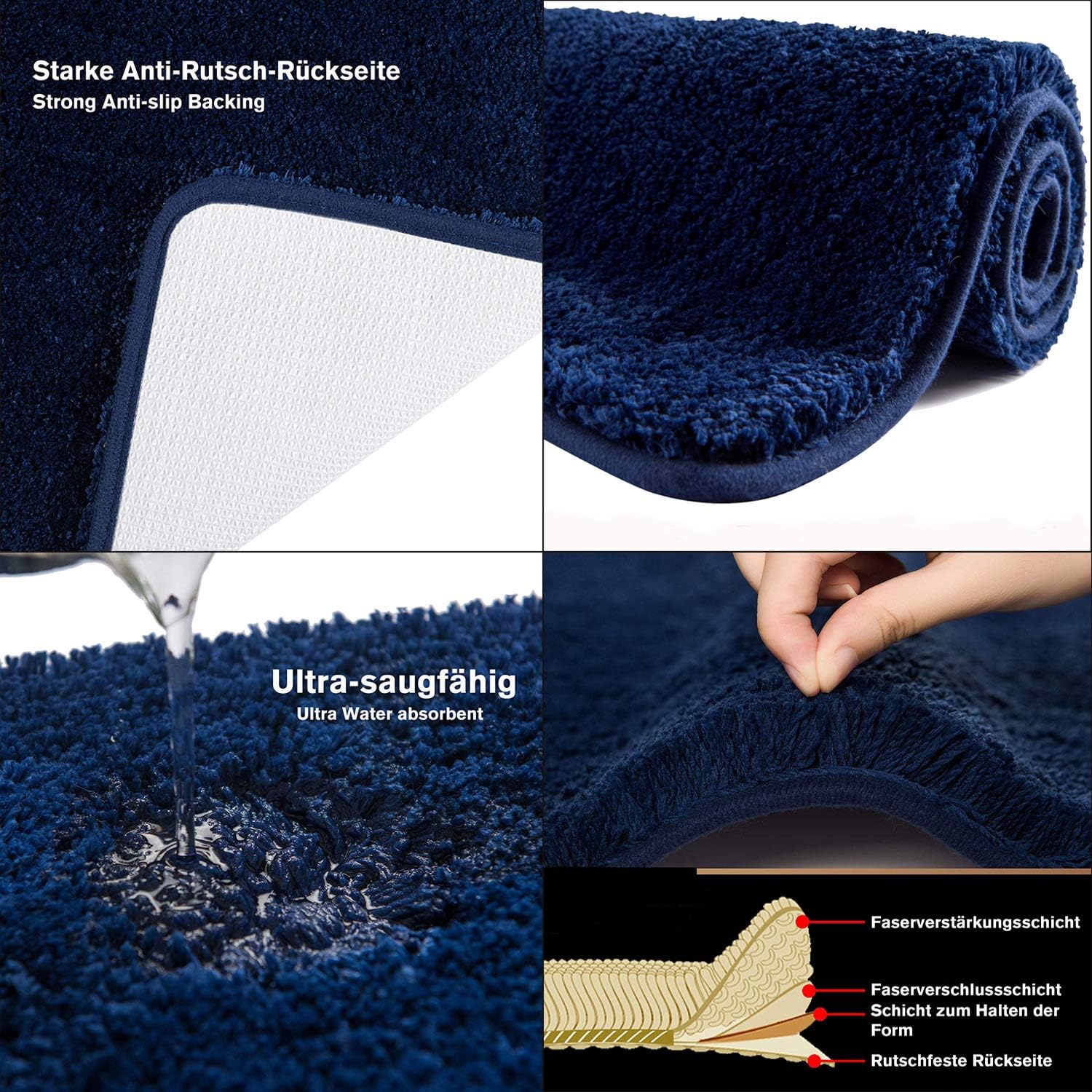 Tapis de Bain Antidérapant Extra Epais Tapis de Absorbant Douche Microfibre de pour Salle de Bain Machine Epais (Bleu Marine, 60 x 90cm) - 3