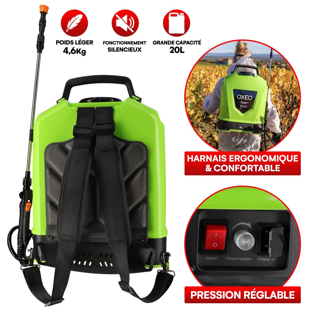Pulvérisateur à dos électrique 20L à batterie 12V - 8Ah - autonomie 4h - Pulvérisateur 5 buses - Pression réglable 1,5 à 6 bars - 2