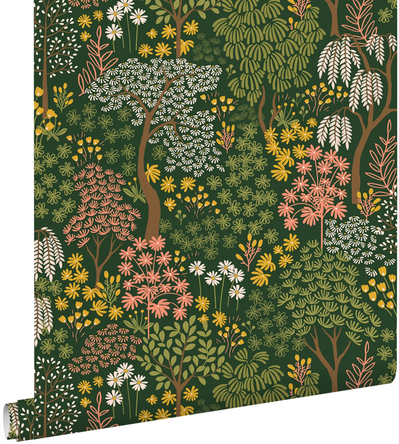 Tapeta drzewa i kwiaty zielonym,różowymIżółtym - 50 x 900 cm - ESTAHOME