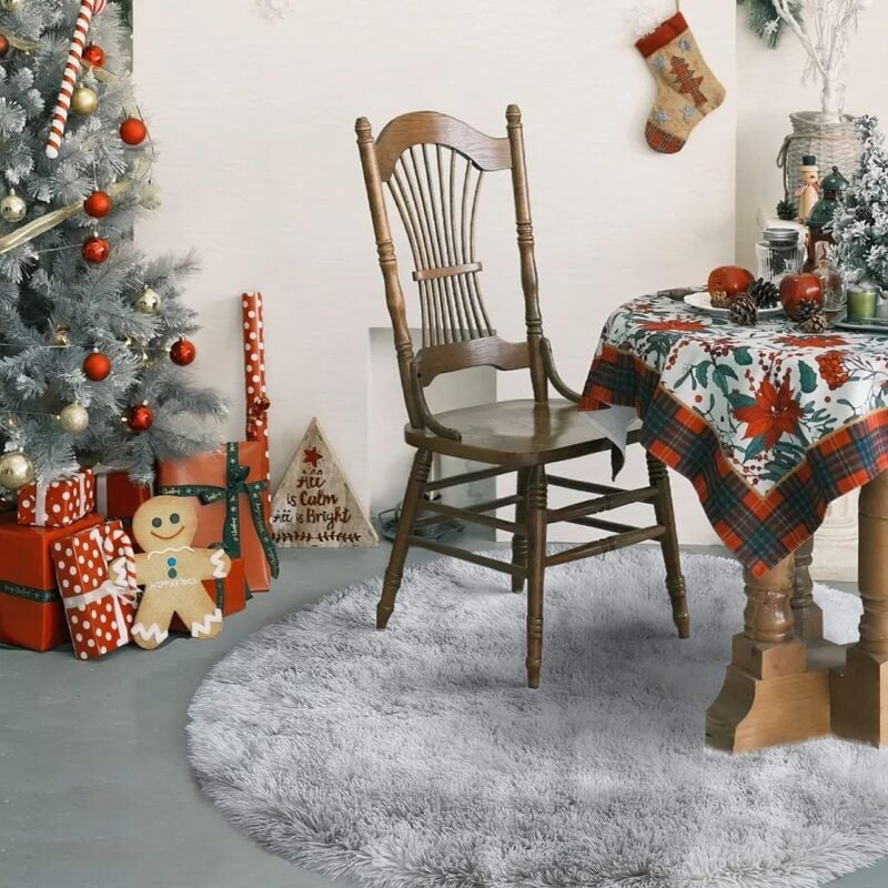 Tapis Salon Rond Shaggy Moderne Tapis Fourrure Tapis à Poils Longs Moelleux 120CM - Gris Clair - 2