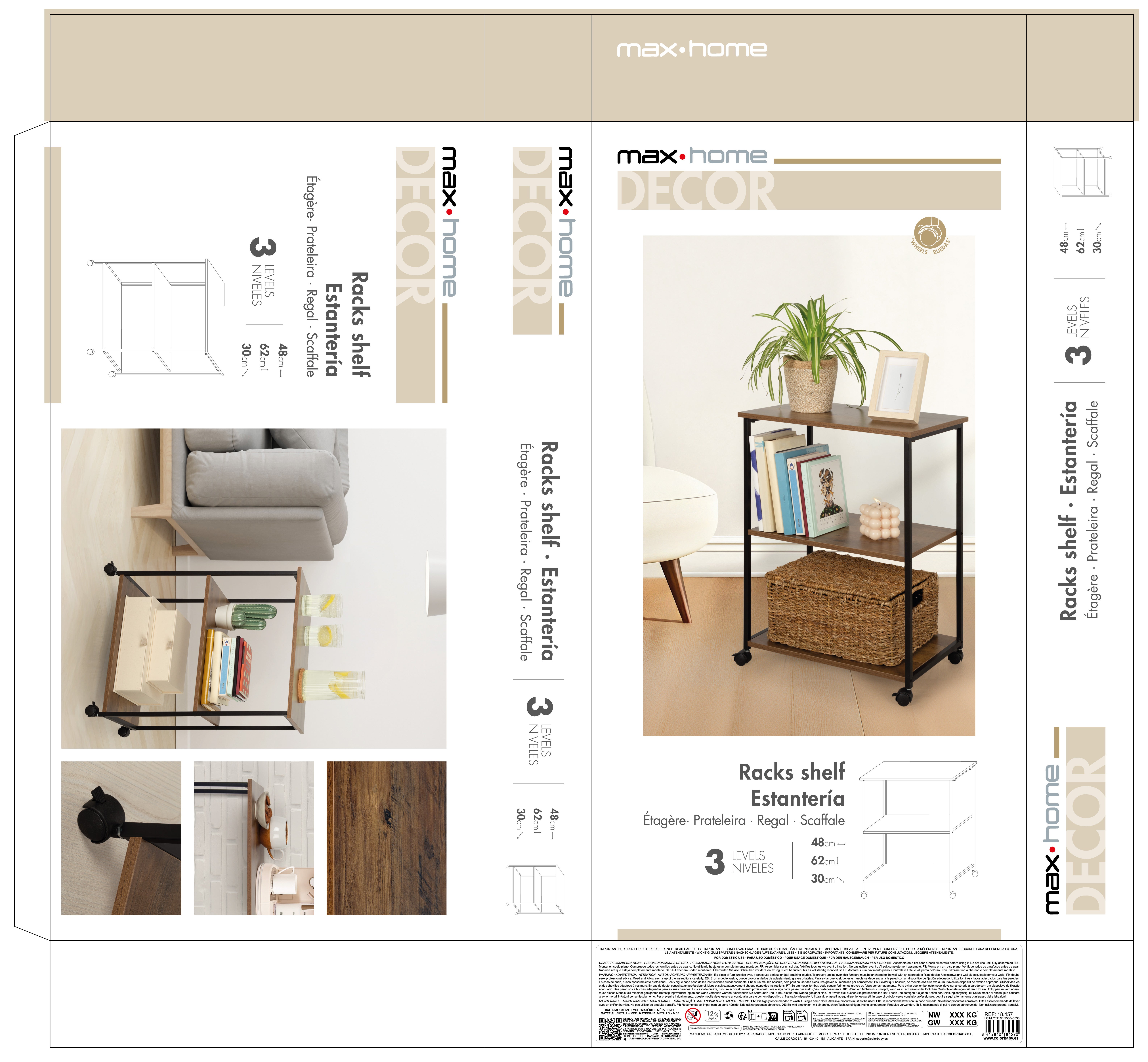 Max Home Estantería madera con ruedas 3 estantes 48x30x62 cm - 8