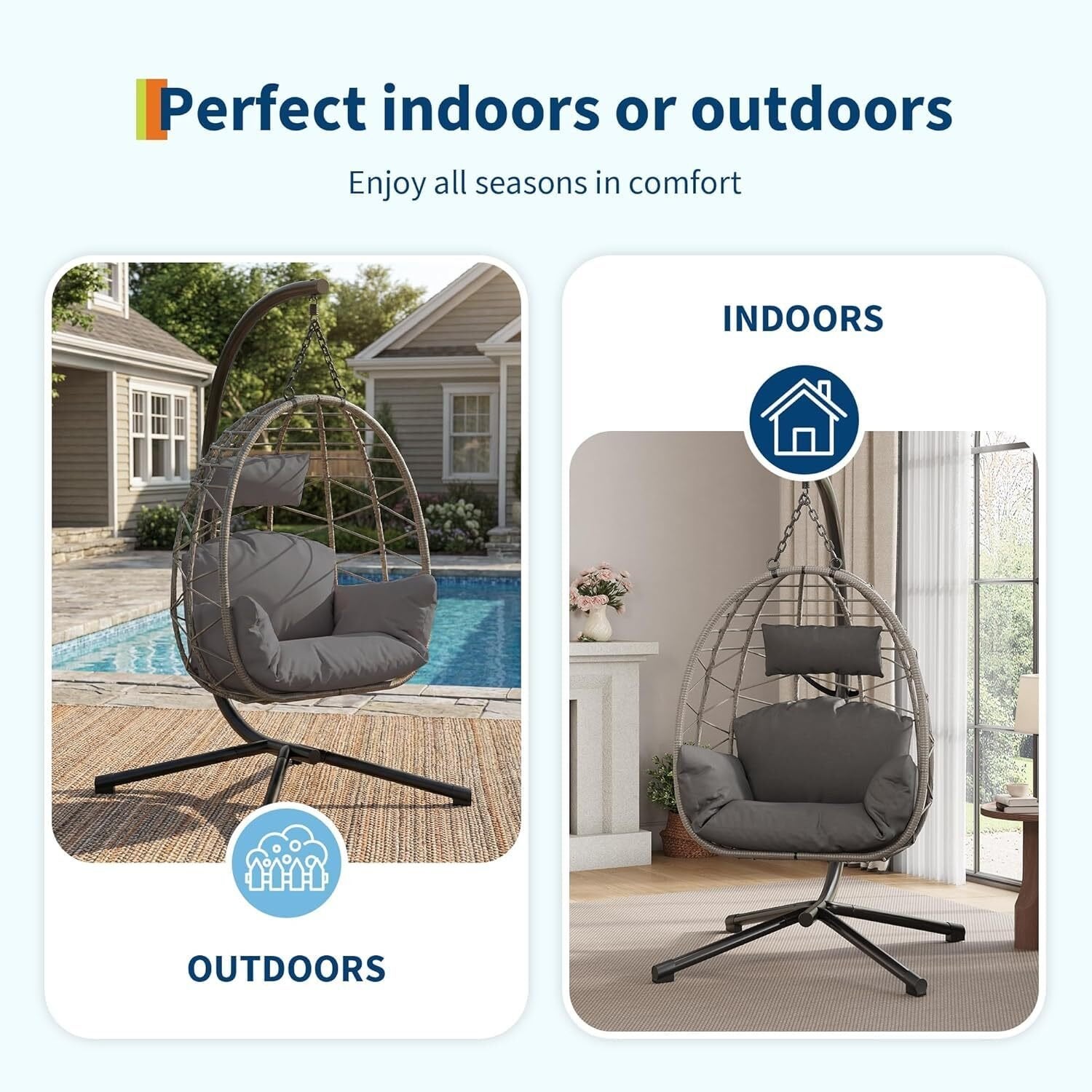 Fauteuil œuf suspendu en rotin avec support et coussin, pliable avec housse de protection, max 130 kg, pour intérieur et extérieur - 5