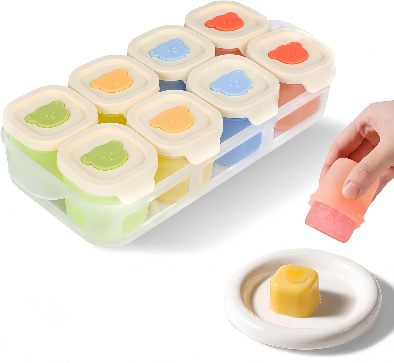 Zestaw 8 silikonowych pojemników do przechowywania o pojemności 50 ml z tacką, słoików do przechowywania żywności z hermetycznymi pokrywkami, wielokro