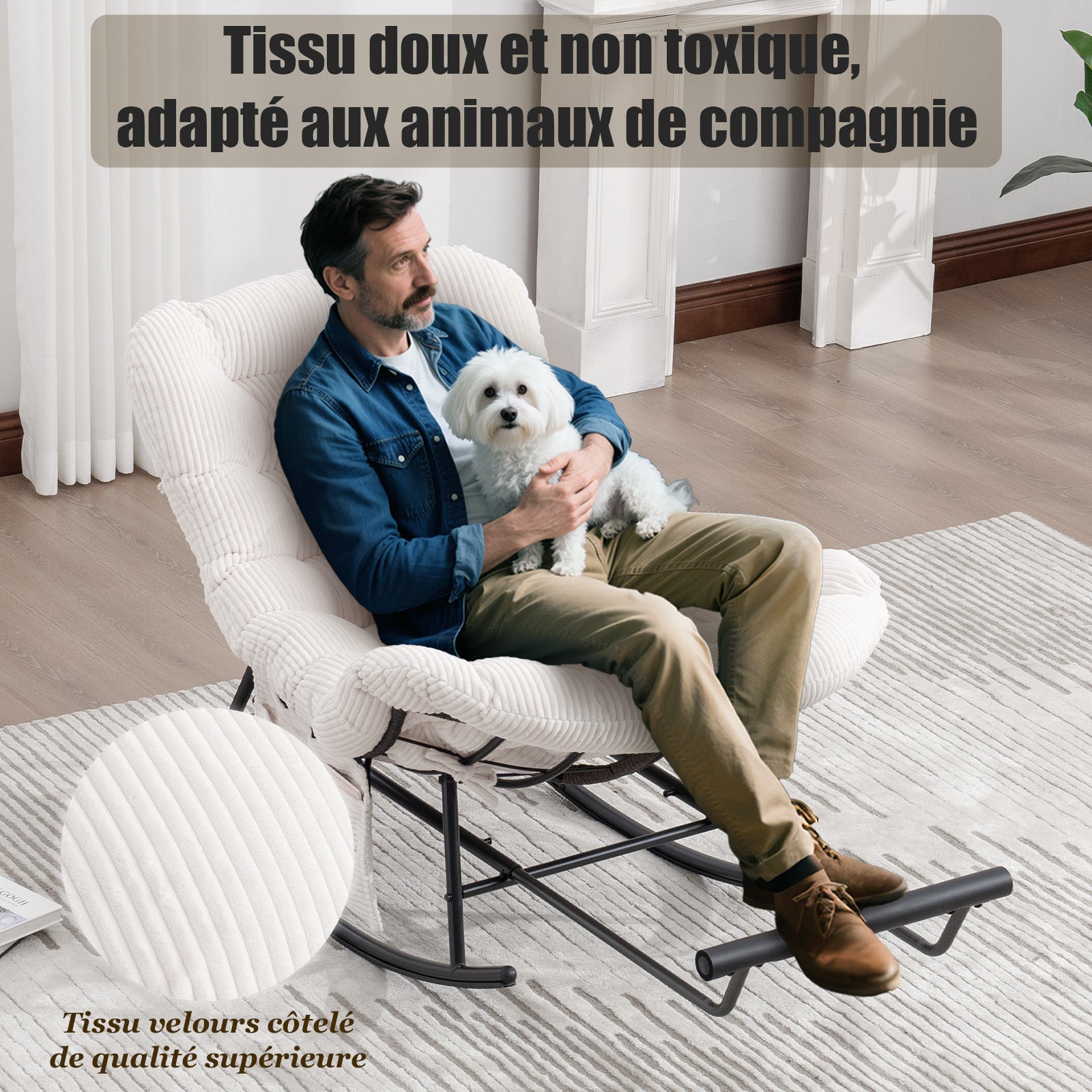 Rockingchair - Fauteuil à bascule avec Repose-Pieds Rétractable - Siège Large et Coussin Offert - 115kg - Pour Jardin, Terrasse, Salon - Cocon Pro - 7