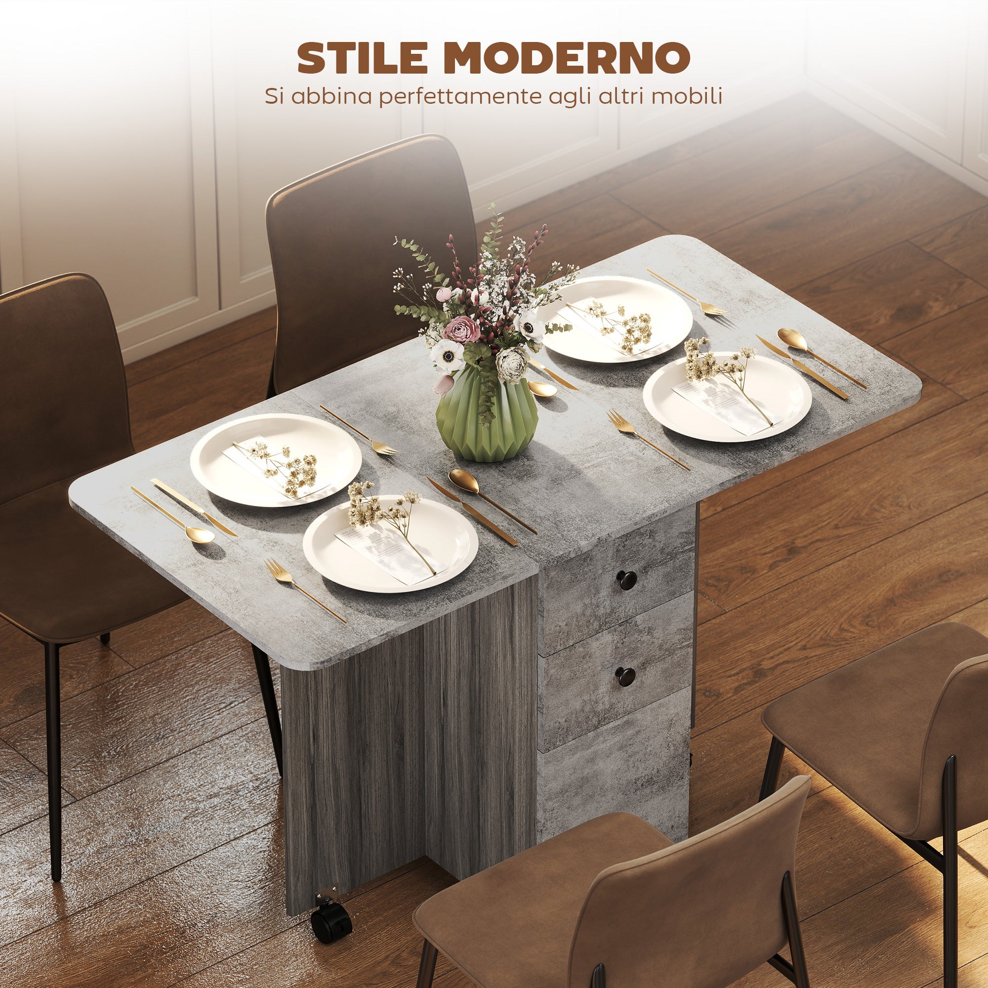 HOMCOM Tavolo Pieghevole con 2 Cassetti e Armadietto, 6 Rotelle e Freni, 120x60x76.5 cm, Grigio Legno e Roccia - 4