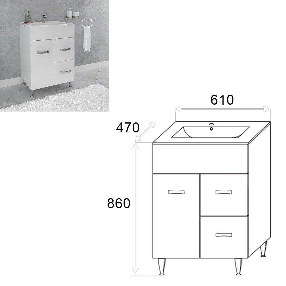 MADRID Meuble salle de bain sur pieds simple vasque Blanc largeur 60 cm - 6