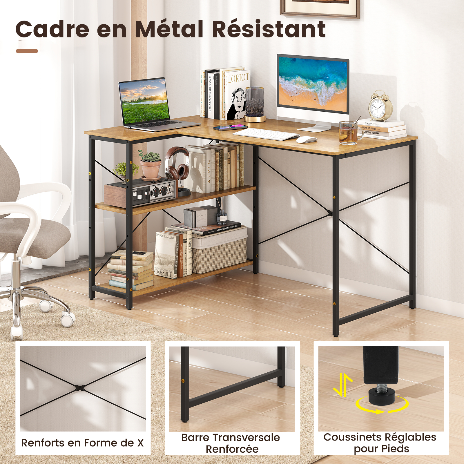 Bureau d'Ordinateur en Forme de L, Bureau d'angle Réversible avec Étagère Réglable, Table d'Étude Gain de Place, Naturel - 9