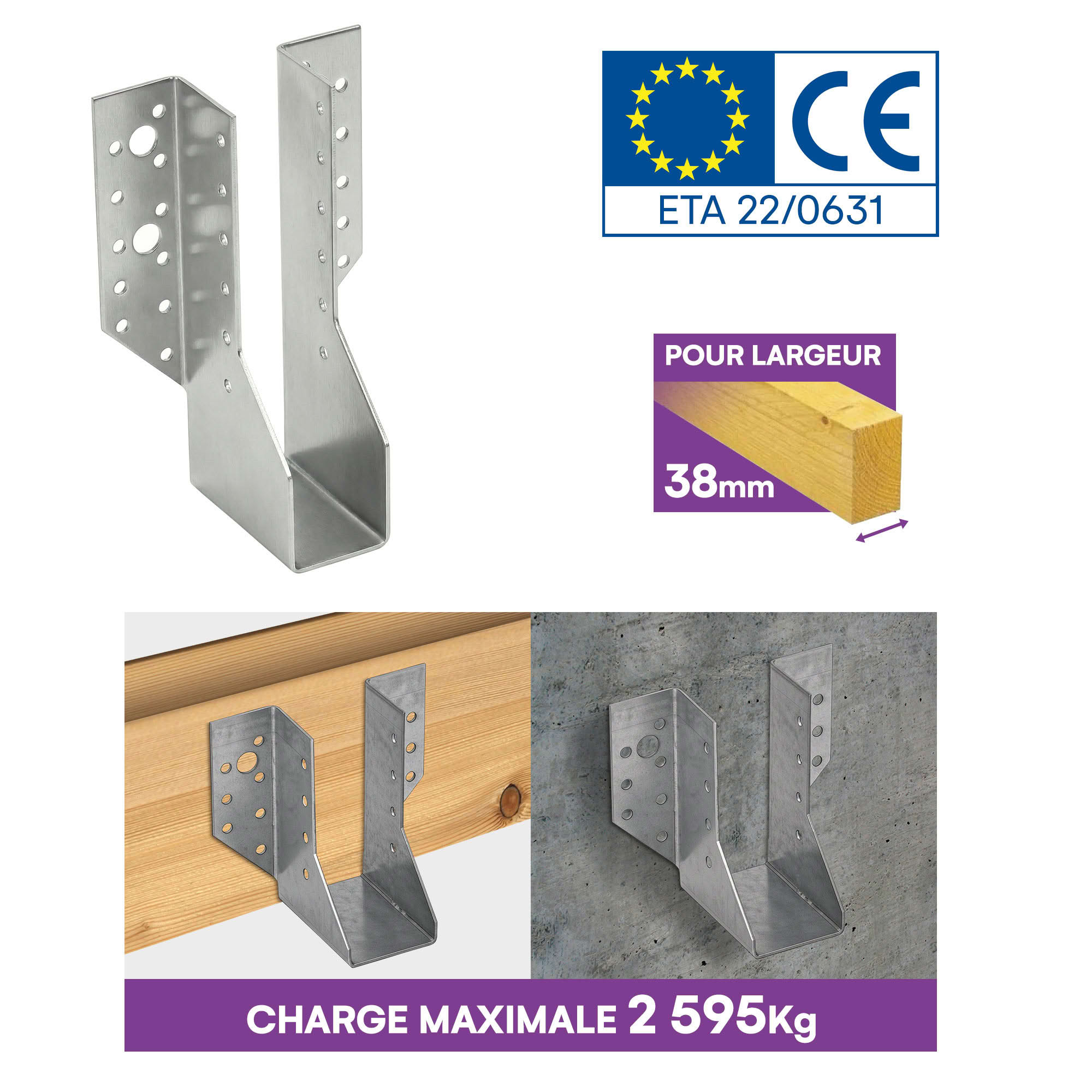 10 sabots de charpente à ailes extérieures - Connecteurs de poutres - Acier galvanisé - Larg 38 x Ht 171 mm - Fabriqué en Europe - 3