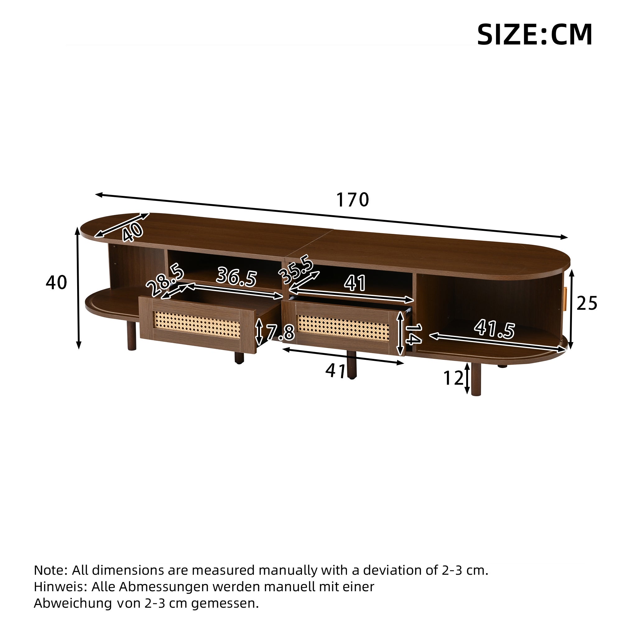 Stolik pod TV 170x40x40cm - z 2 szufladami rattanowymi - 2 drzwiami przesuwnymi - MDF - brązowy - 6