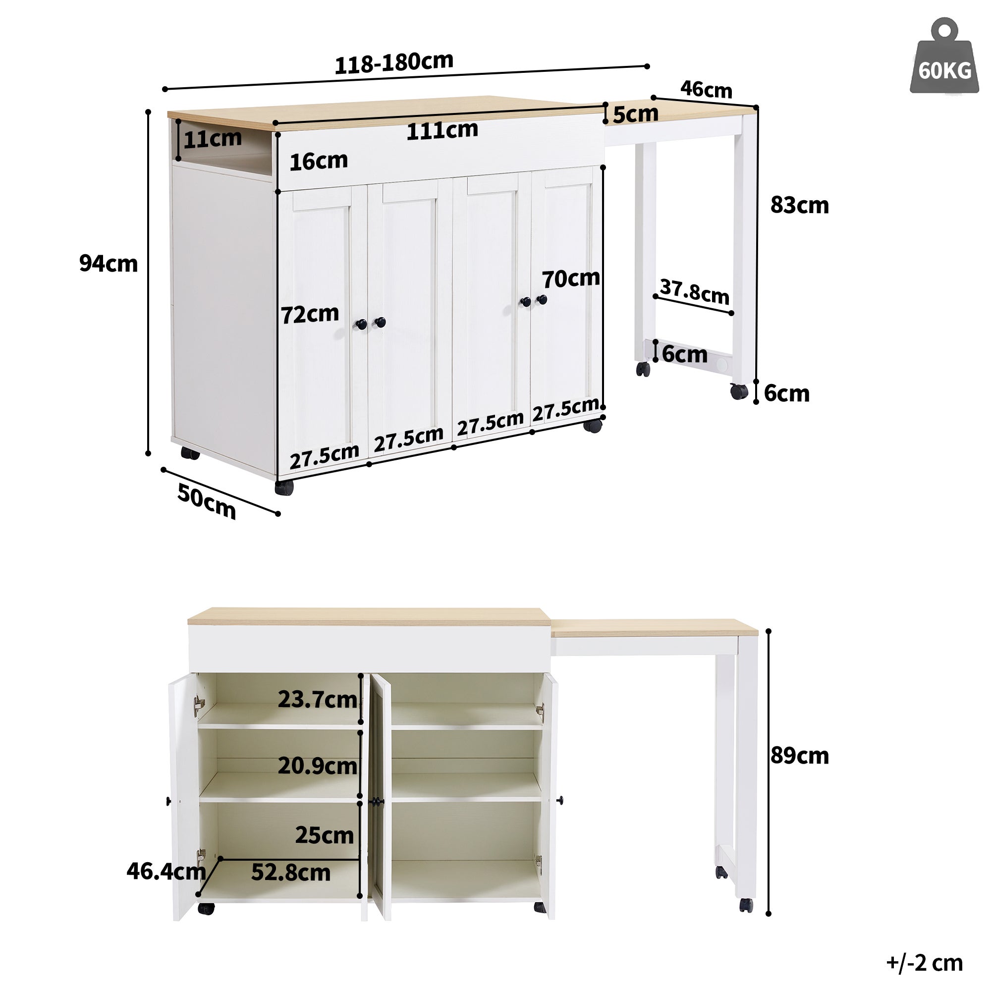Ilot central de cuisine - avec plateau extensible - en MDF - avec 4 portes - Blanc - 4