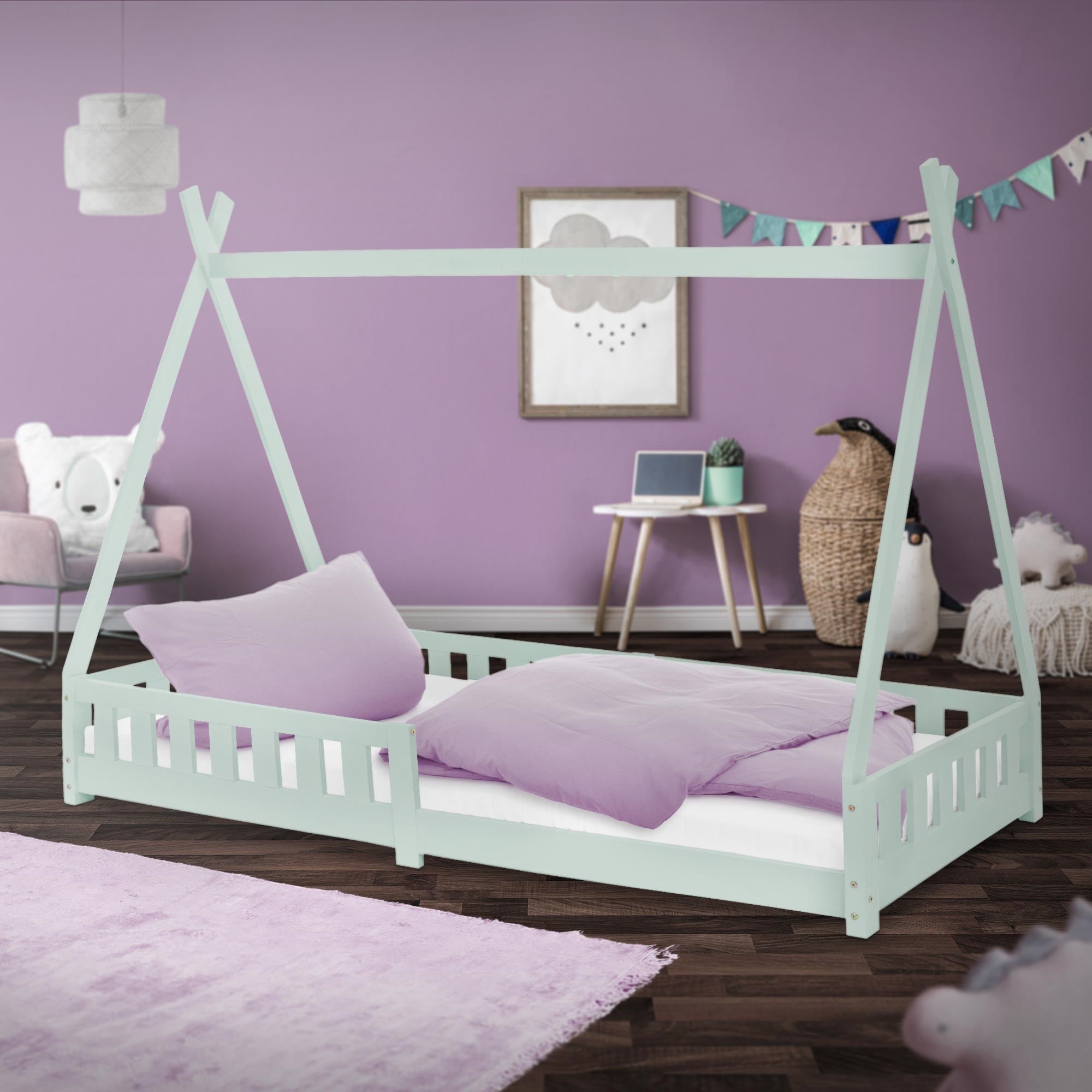 ML-Design łóżeczko tipi 90x200 cm kolor miętowy z materacem i zabezpieczeniem rama z listew lite drewno sosnowe łóżko w stylu indyjskim dla dzieci