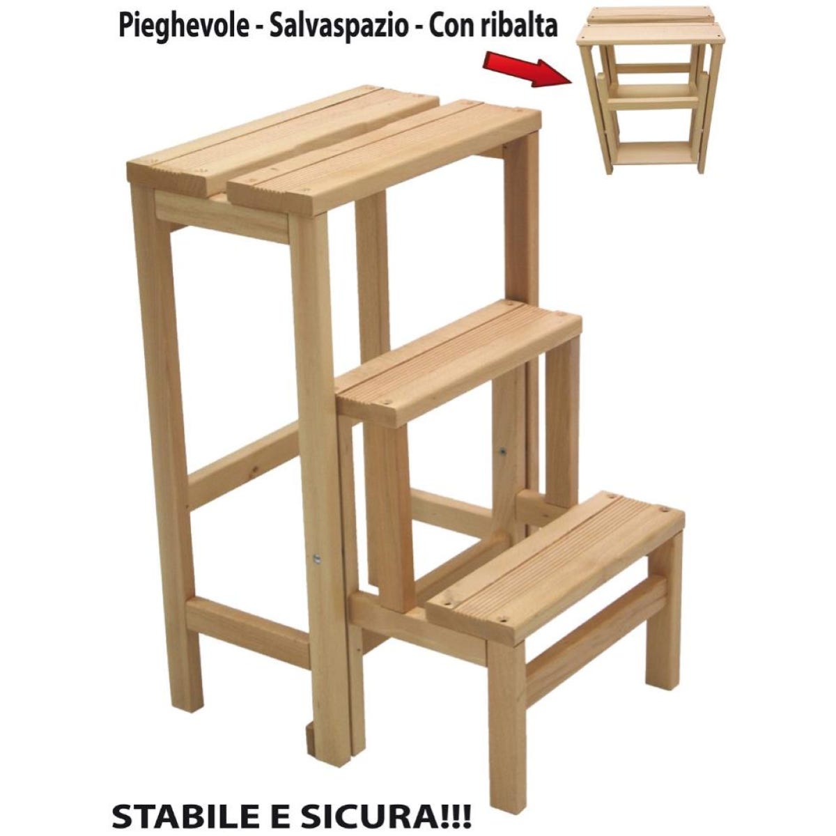 Scaletta ribalta gradini altezza 60 cm in legno faggio NATURALE