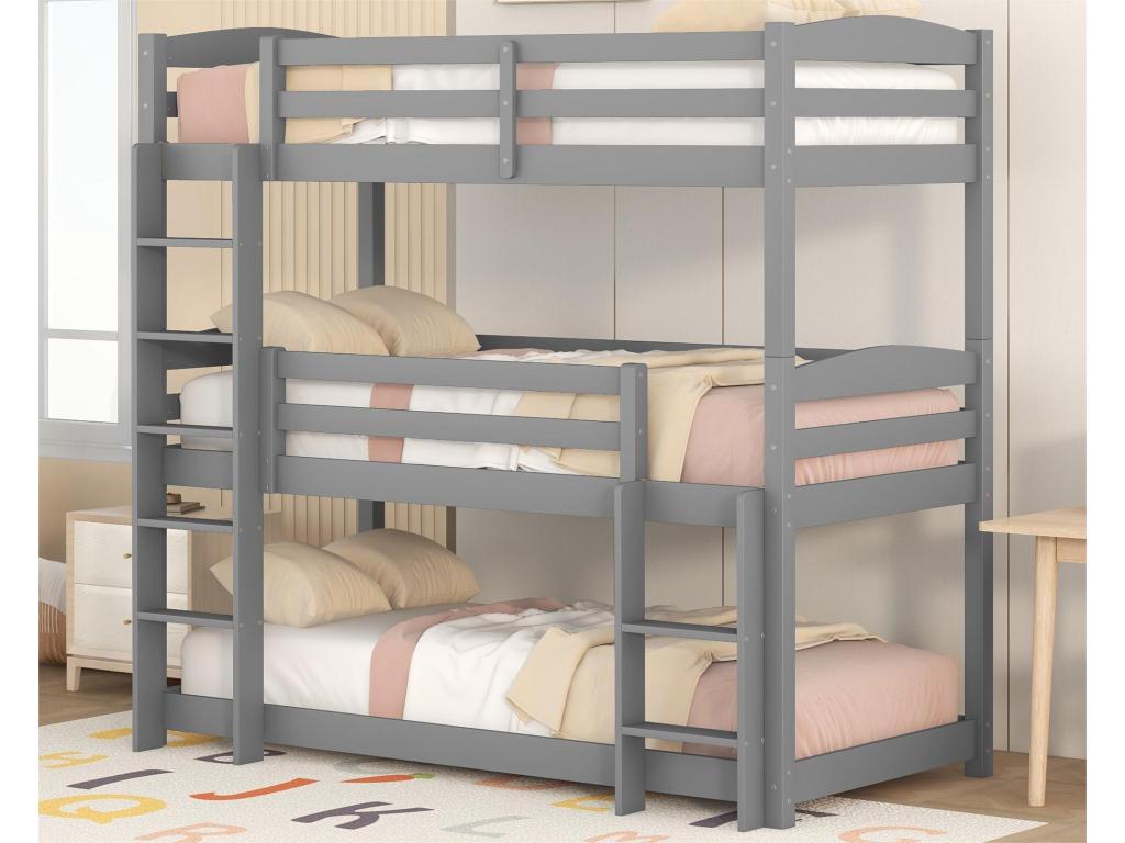 Lit superposé triple avec échelle + barrière de protection - 90x200cm