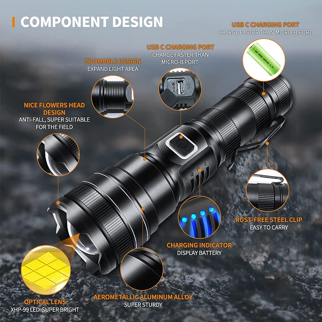 Lampe torche ultra-puissante, extrêmement lumineuse, avec câble USB-C étanche et 5 modes d'éclairage pour le camping, la chasse et les situations d' - 3