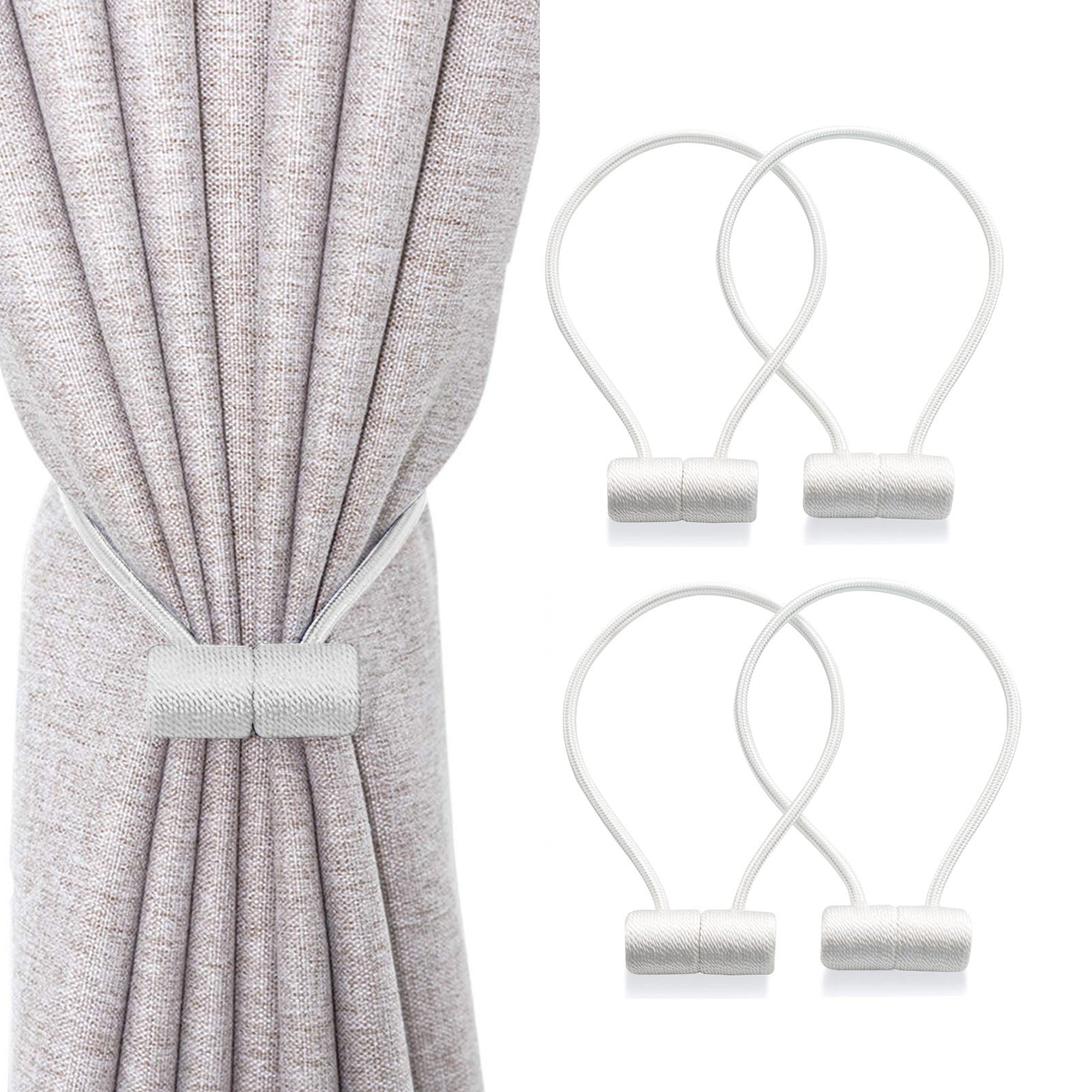 Zestaw 4 sztuk ozdobnych klipsów do zasłon, mocny magnetyczny pasek, dekoracyjne zasłony do biura domowego, plecione opaski (białe)