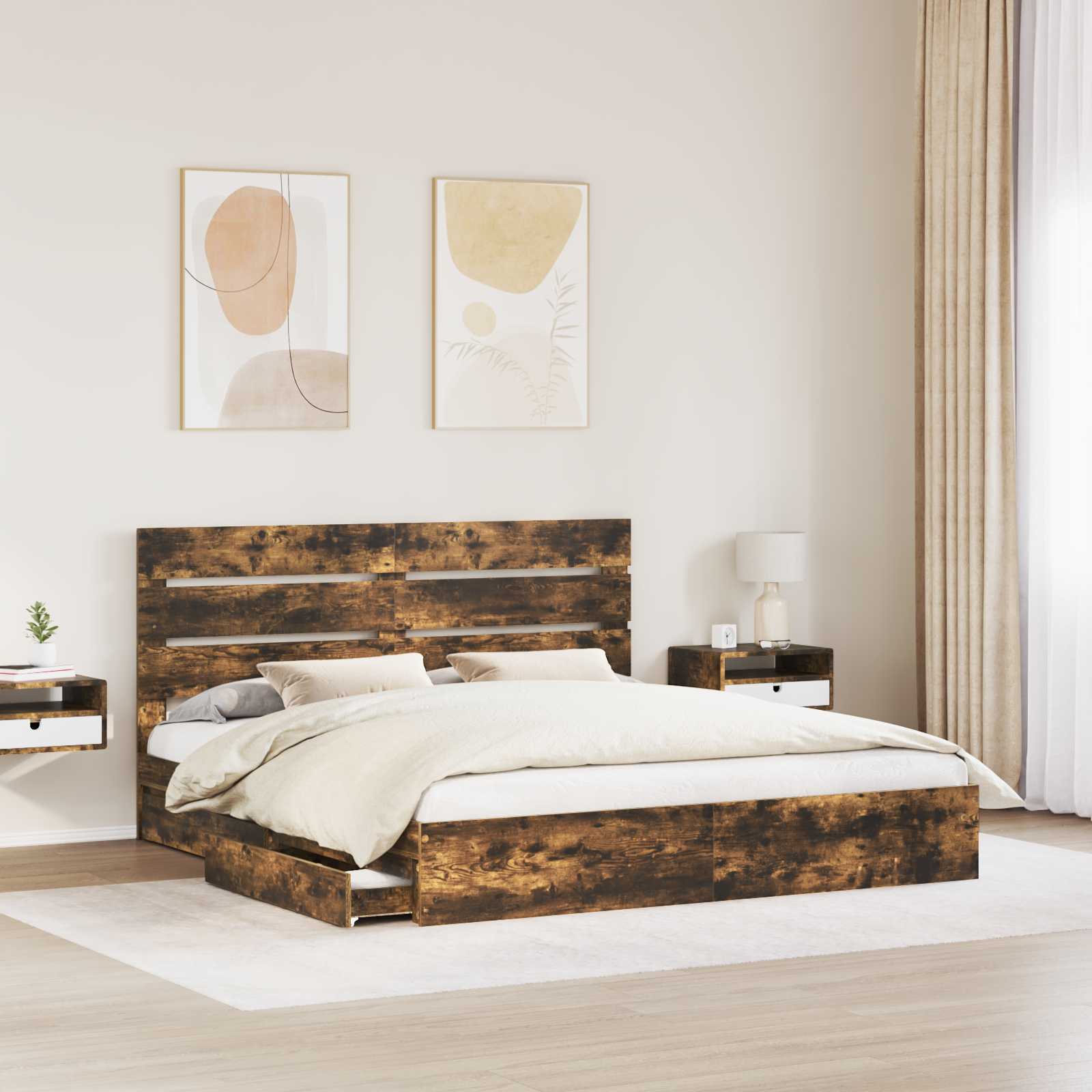 Lit avec rangement, panneau de bois, chêne fumé, pour la chambre, 180 × 200 cm - 3