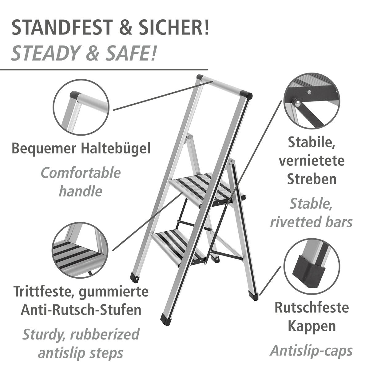 WENKO Aluminiowa Składana Drabina, 2-stopniowa Drabina Domowa - 601011100 2-Step - 2