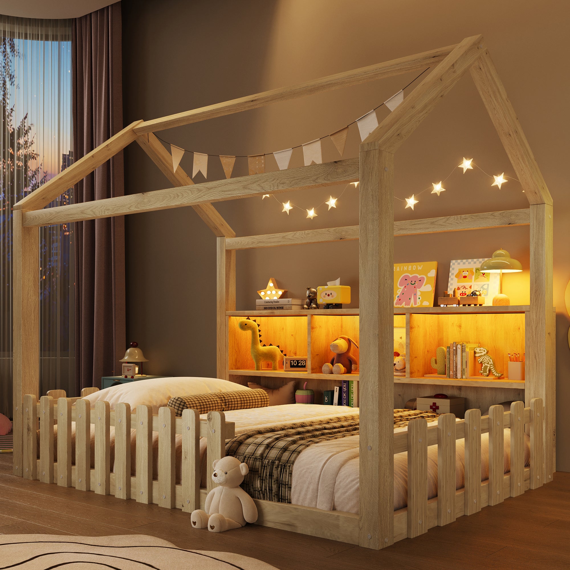 Łóżko kabinowe 90 x 190 cm z otwartymi przegródkami i diodami LED - Sosna + MDF + sklejka - Naturalne (Materac nie jest wliczony w cenę)