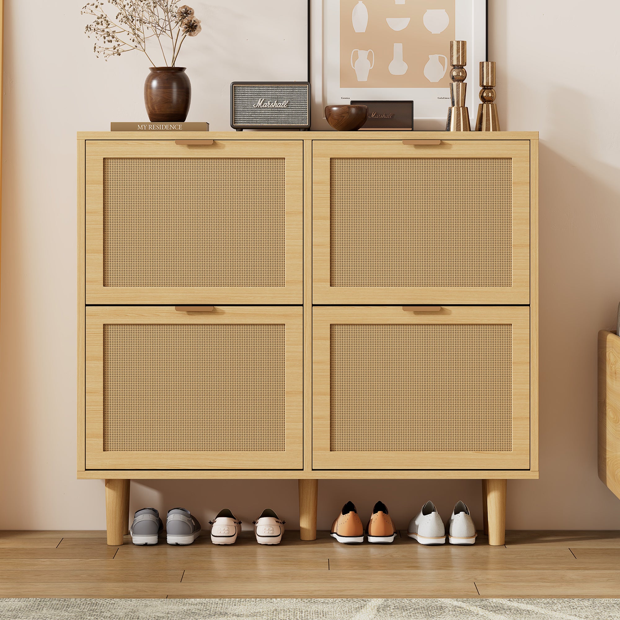 Meuble à chaussures avec 4 portes abatantes en rotin - 100 x 25 x 90 cm - Panneau de particules - Chêne clair - 4