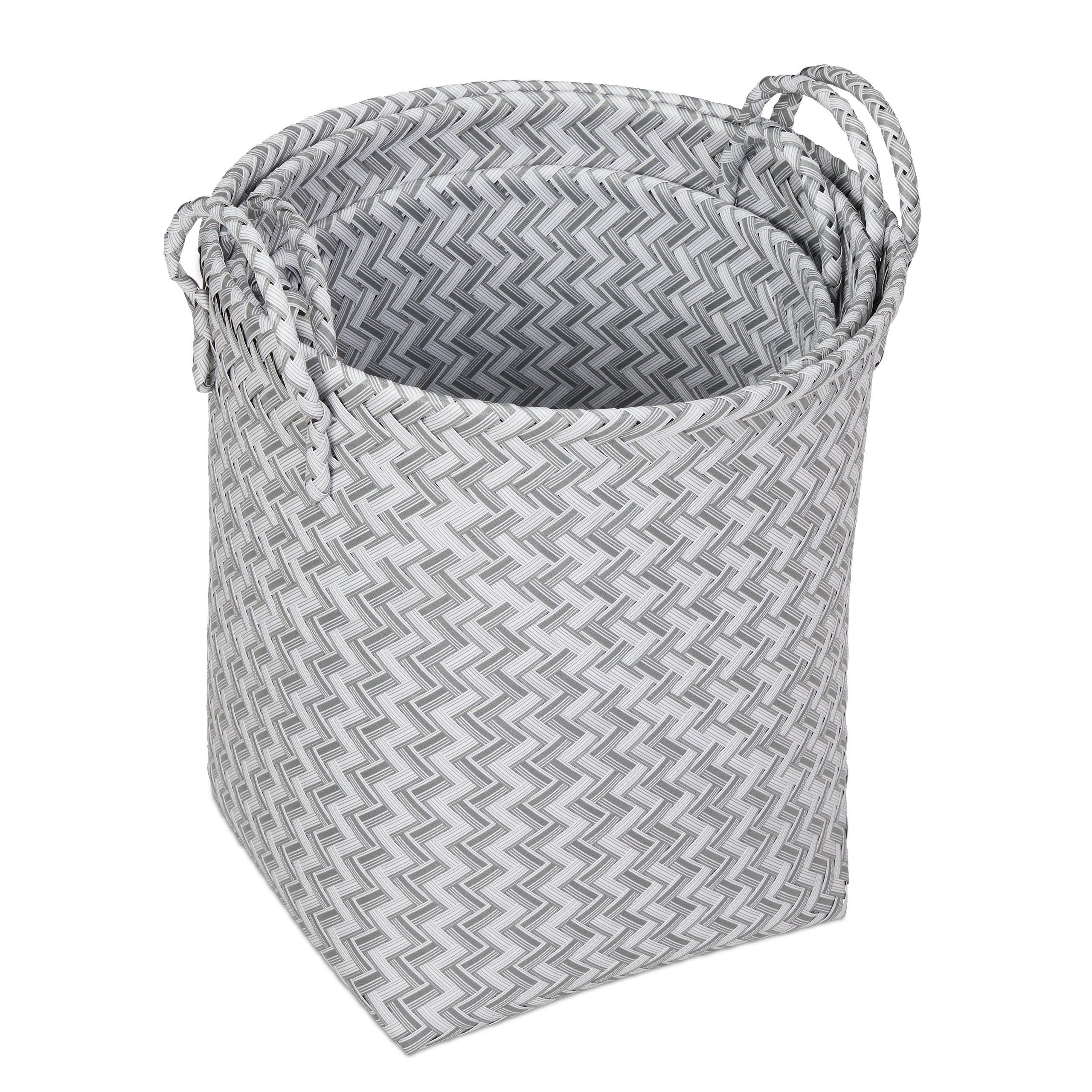 Panier à lessive tressé, jeu de 3 corbeilles à rangement, 3 tailles, avec anse, plastique, choix de couleurs, Relaxdays - 6
