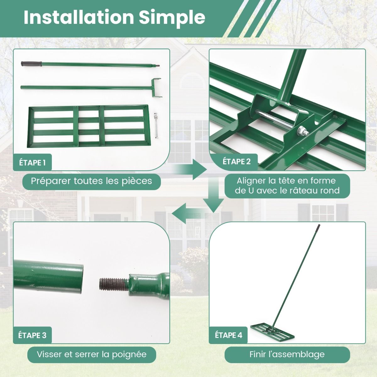 Rastrello Livellatore per Prato, Attrezzo per la Livellatura del Prato con Manico Ergonomico, Livellatrice per Giardino, Cortile, Campo da Gol - 6