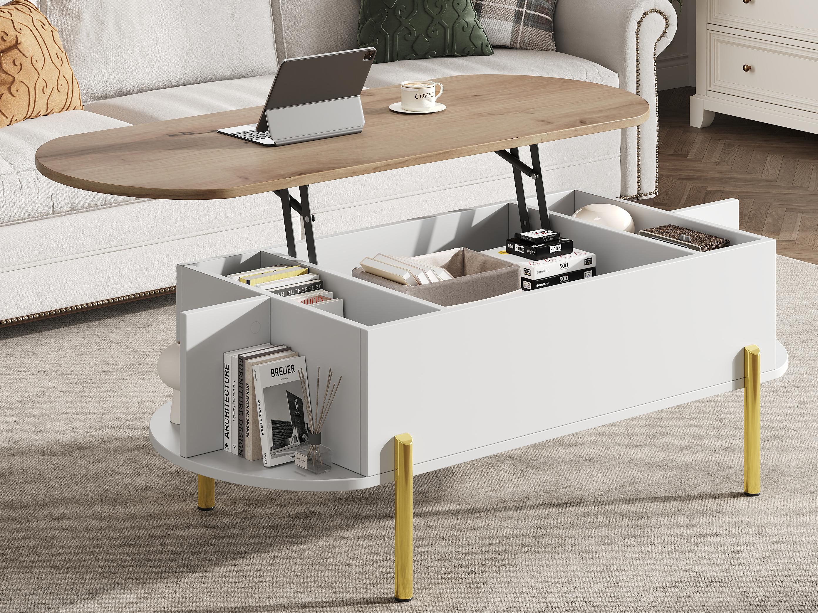 Stolik kawowy z podnoszonym blatem 120 x 50 x 43 cm - ze schowkiem - metalowe nogi - płyta MDF - biały + naturalny