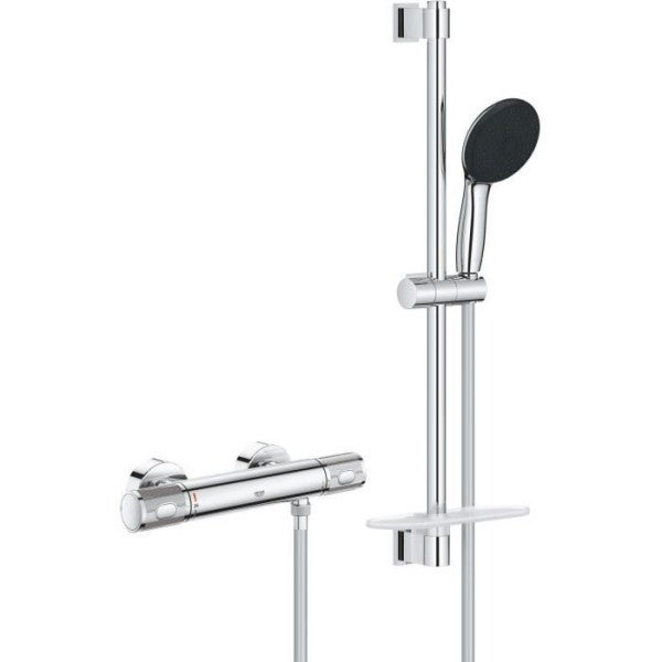 Ensemble de douche avec mitigeur thermostatique, pommeau 3 jets, barre 60cm et flexible - GROHE 34791001 - Economie d'eau - Chro