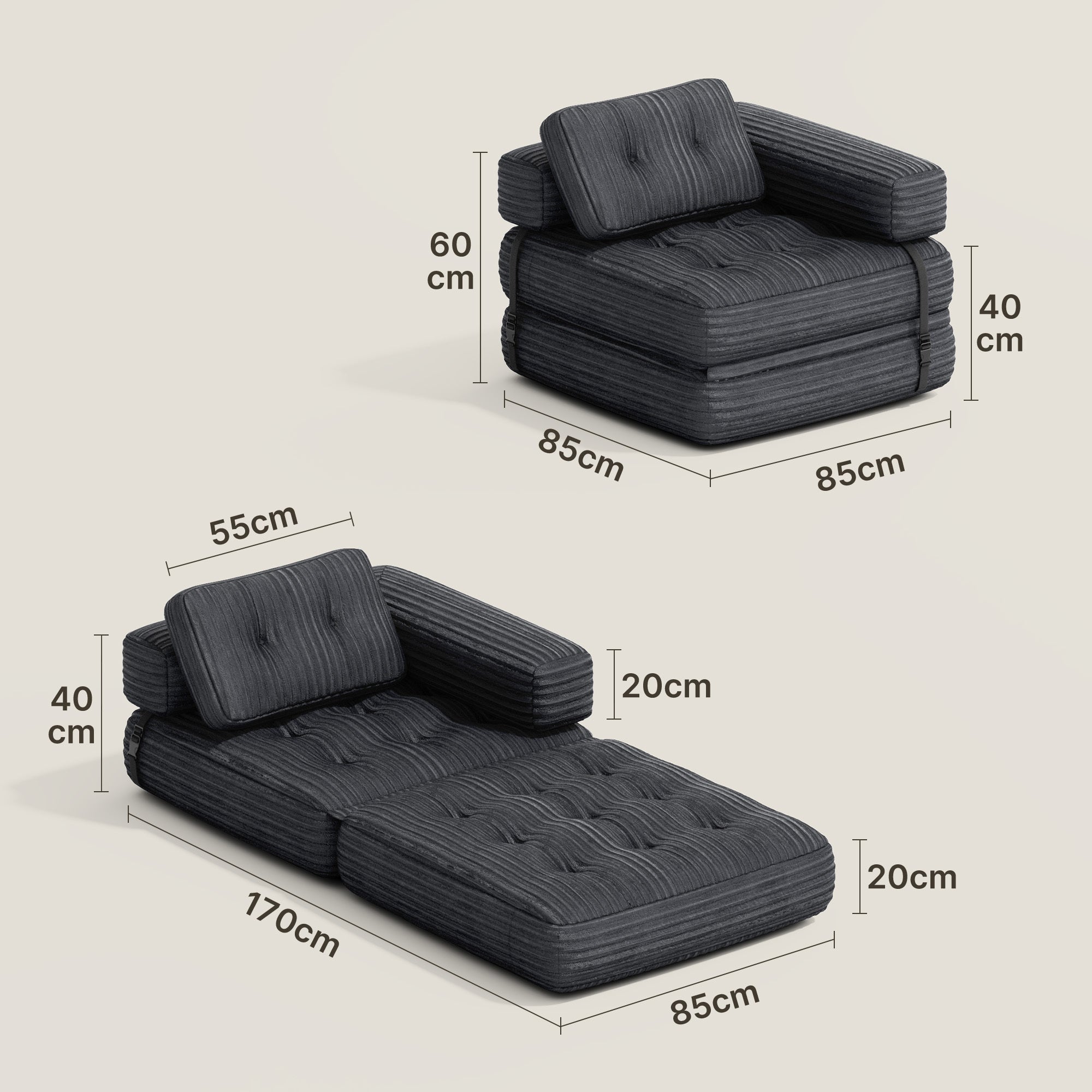 Bealife Canapé Convertible Fauteuil Lit 1 Place en L Gris foncé Velours Côtelé Longue Coussin 85 x 85 cm - 3