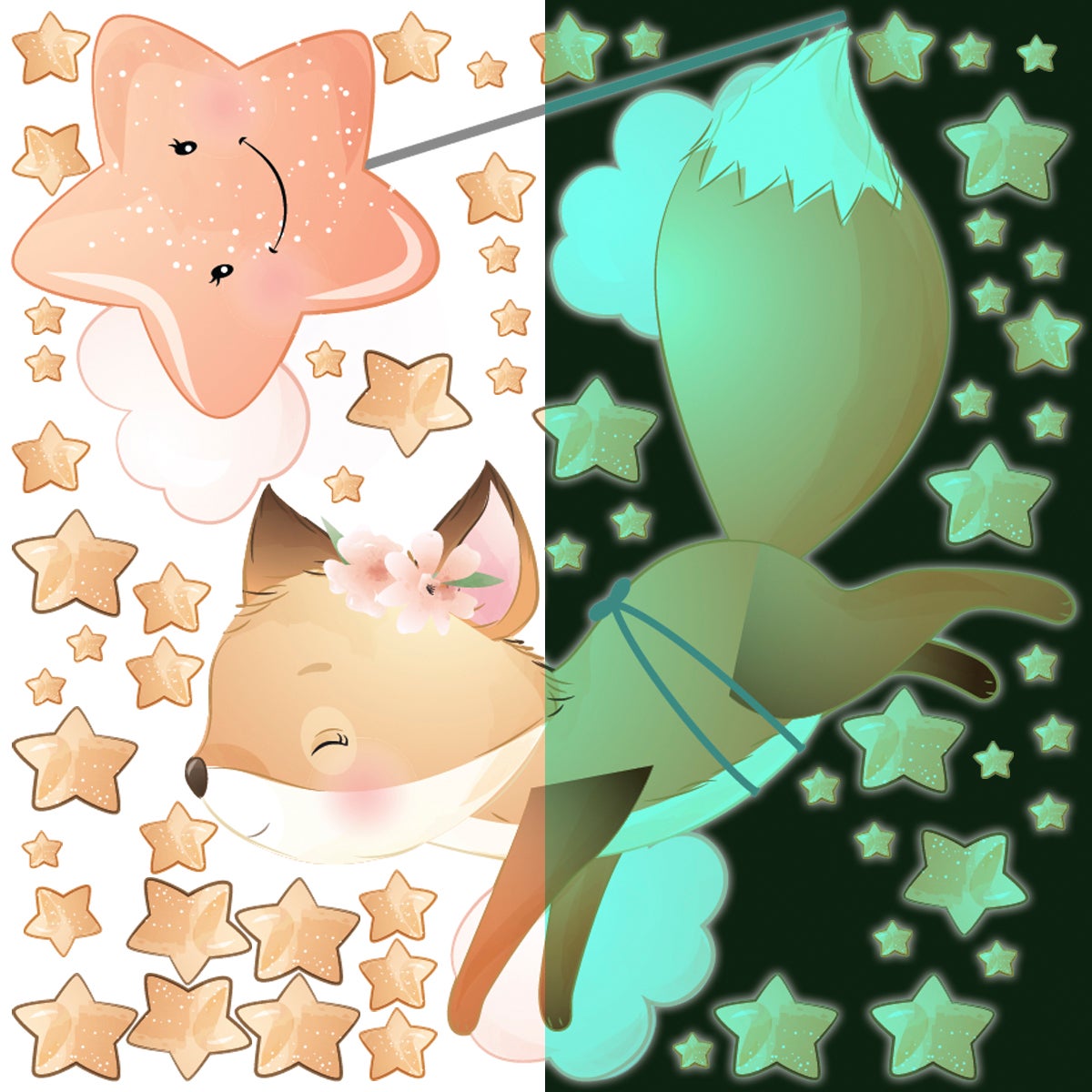 Adesivos fosforescente volpe tra le stelle + 60 stelle - Sticker adesivo - adesivi murali - 110x110cm - 4