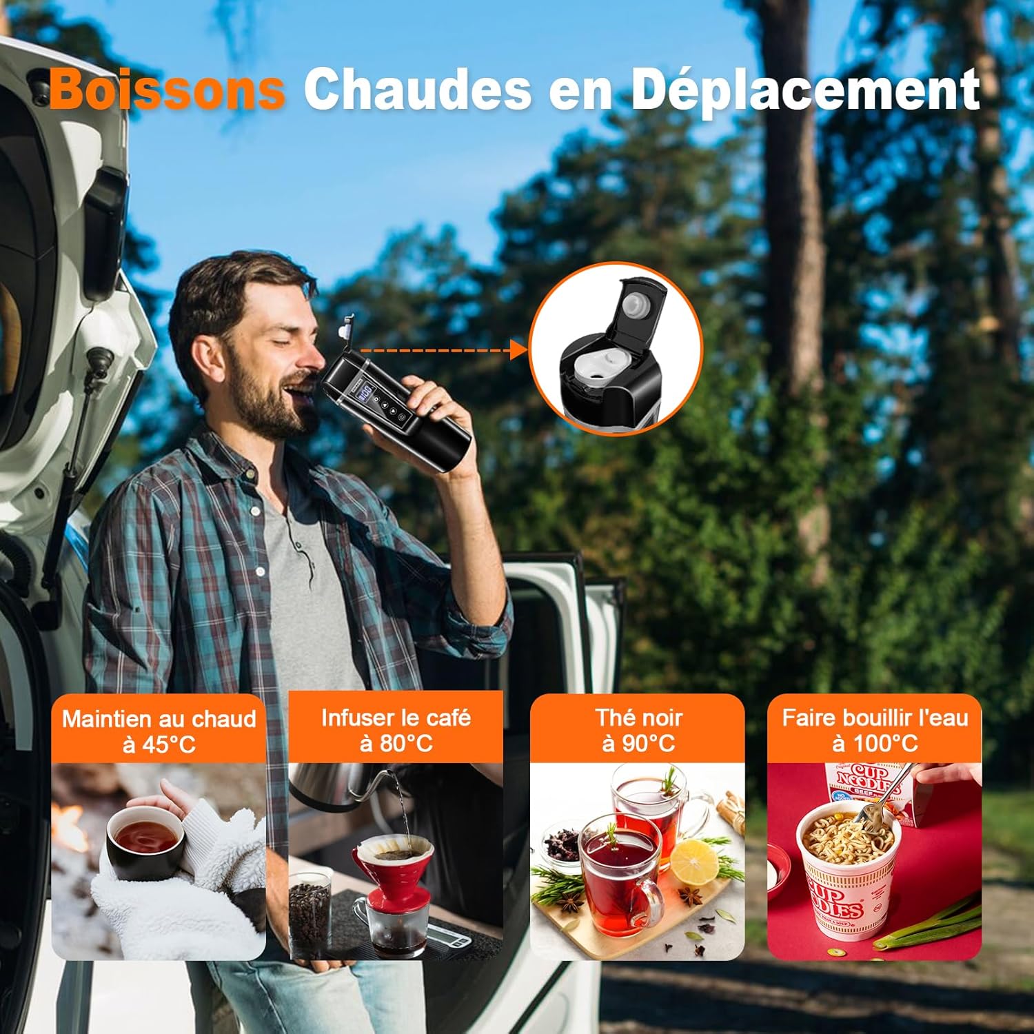 Bouilloire électrique de voyage 12 V/24 V avec prise allume-cigare, pour voitures, camions et taxis, 450 ml, acier inoxydable 304 - 4