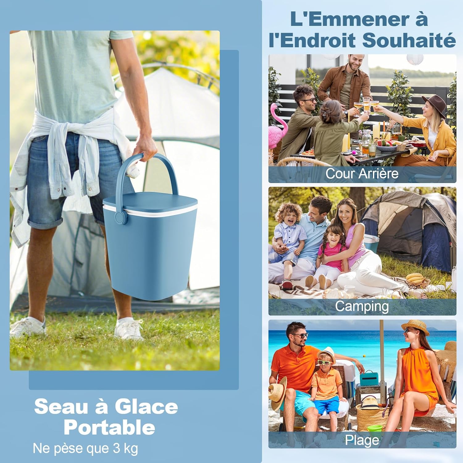 3 en 1 Table Glacière Extérieur 15 L, Table d'Appoint Patio avec Couvercle Rétractable, Compartiment, Ouvre-Bouteille et Pince Glace (Bleu) - 4