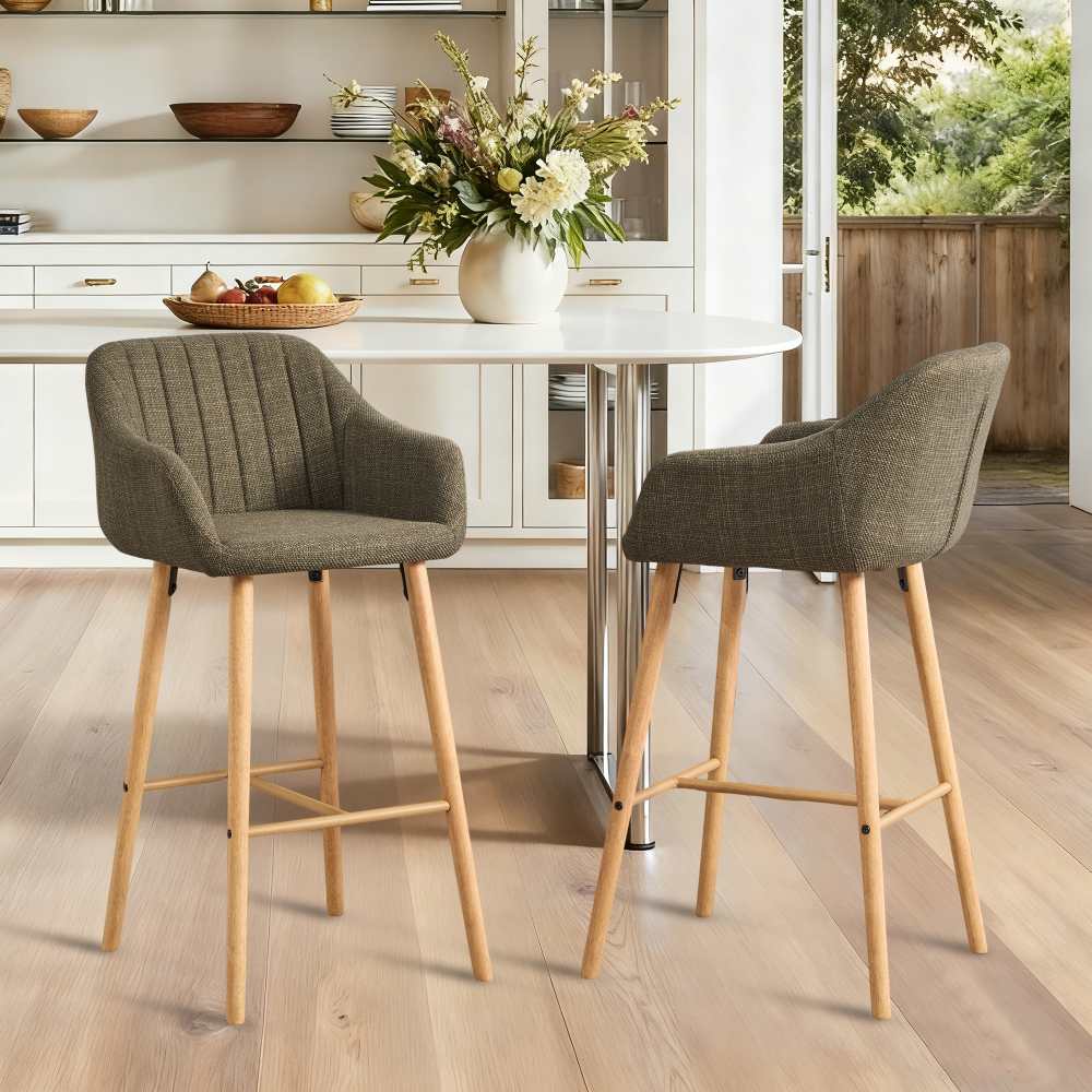 Tabouret de bar moderne vert en lin avec dossier haut et accoudoirs, pieds en bois, lot de 2, style européen pour cuisine ou îlot - 7