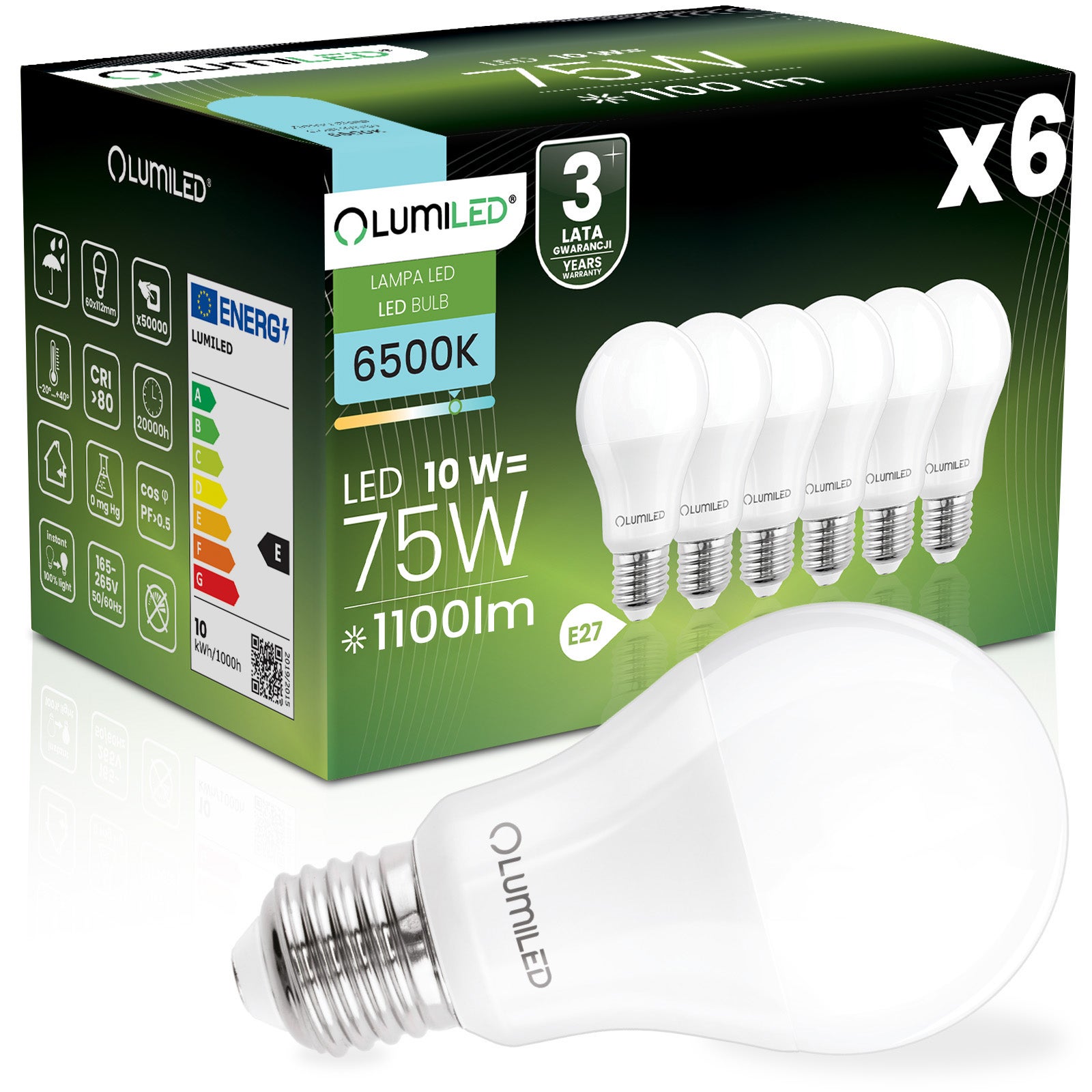 Żarówka LED Lumiled E27 A60 10W 1055lm 6500K Zimna biel 260st 6 szt.