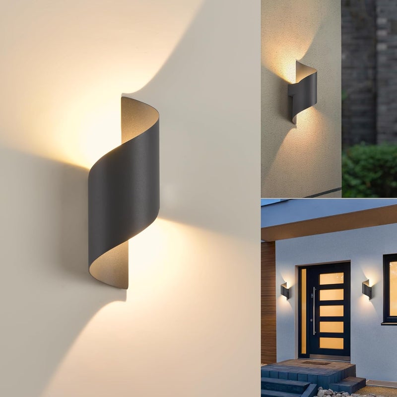 Zewnętrzna lampa ścienna LED 12 W, ciepłe światło 3000 K, spiralny kształt, wodoodporność IP65, kolor czarny