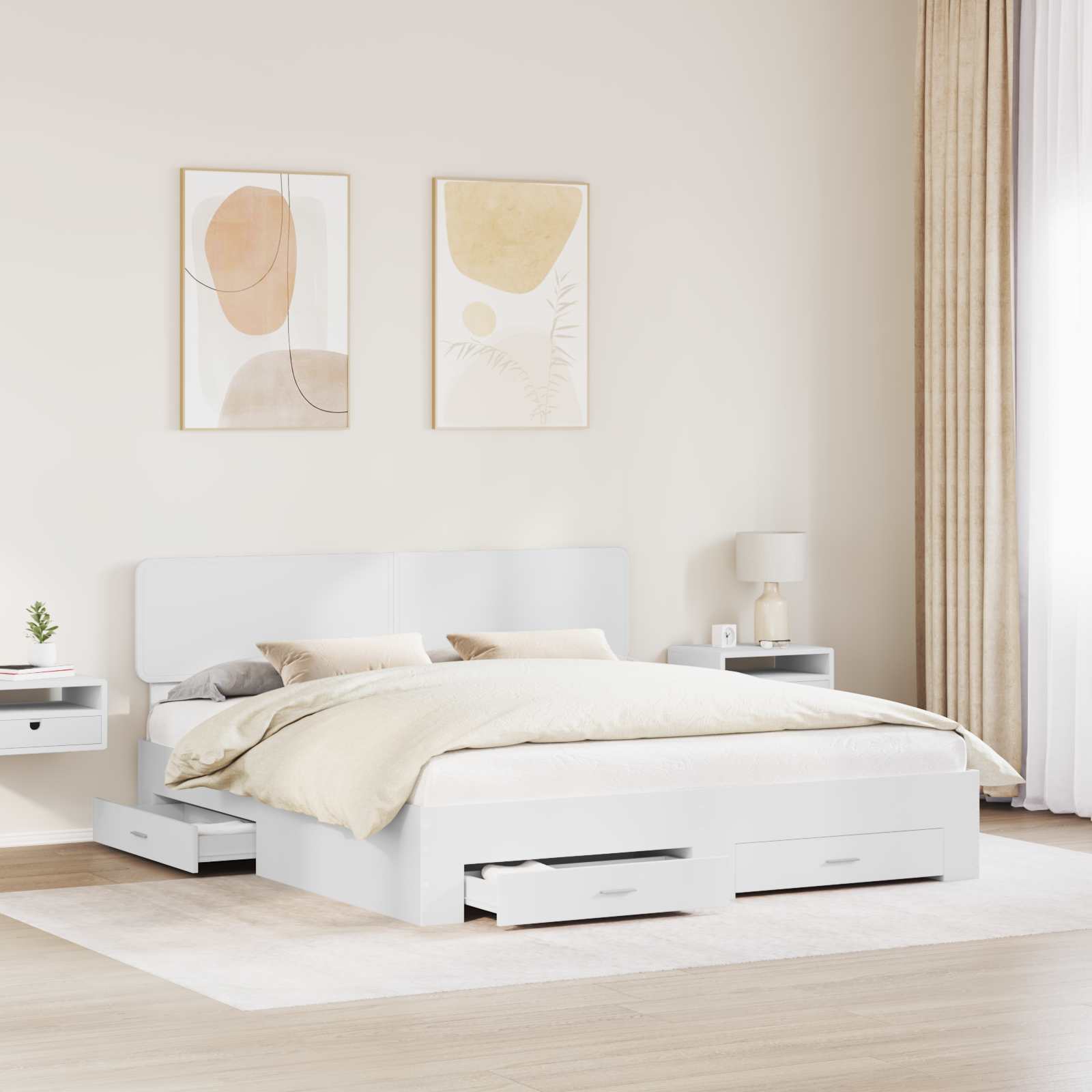 Cadre de lit avec tiroir, blanc, en panneau de bois, pour la chambre, 180 × 200 cm - 3