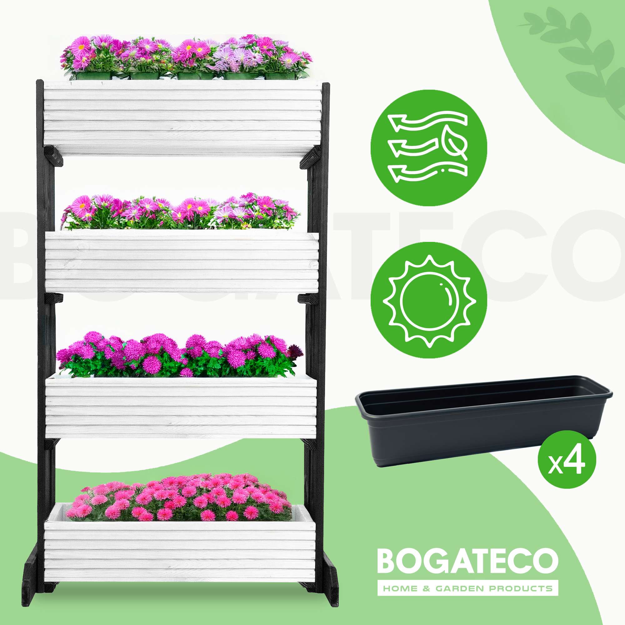 BOGATECO Lot de 4 pots de fleurs sur pied | Lot de 4 jardinières 64x20cm |Pots de fleurs en bois pour tomates et fleurs| Blanc - 5