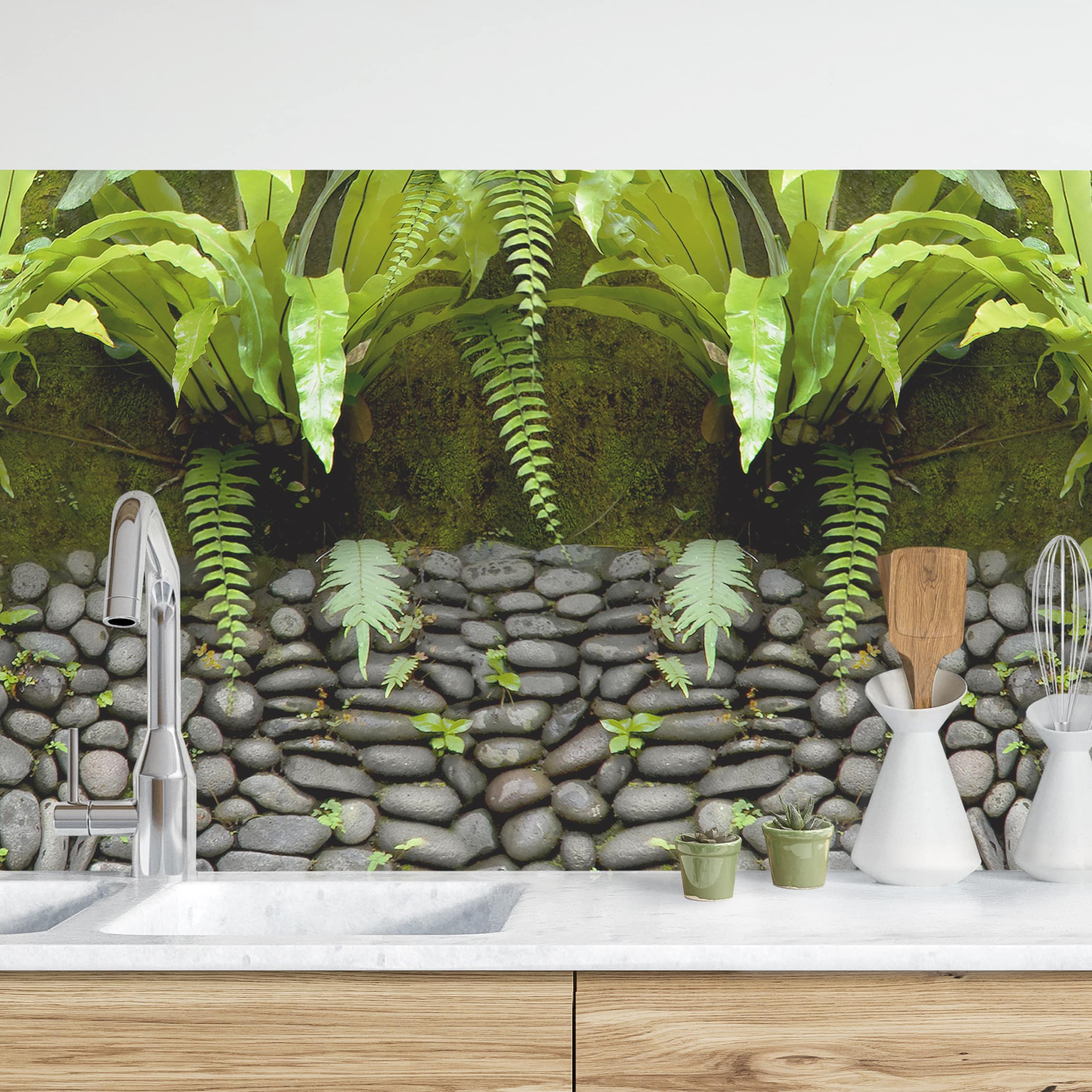 Salpicadero cocina adhesivo - stone wall with plants 300 x 50 cm