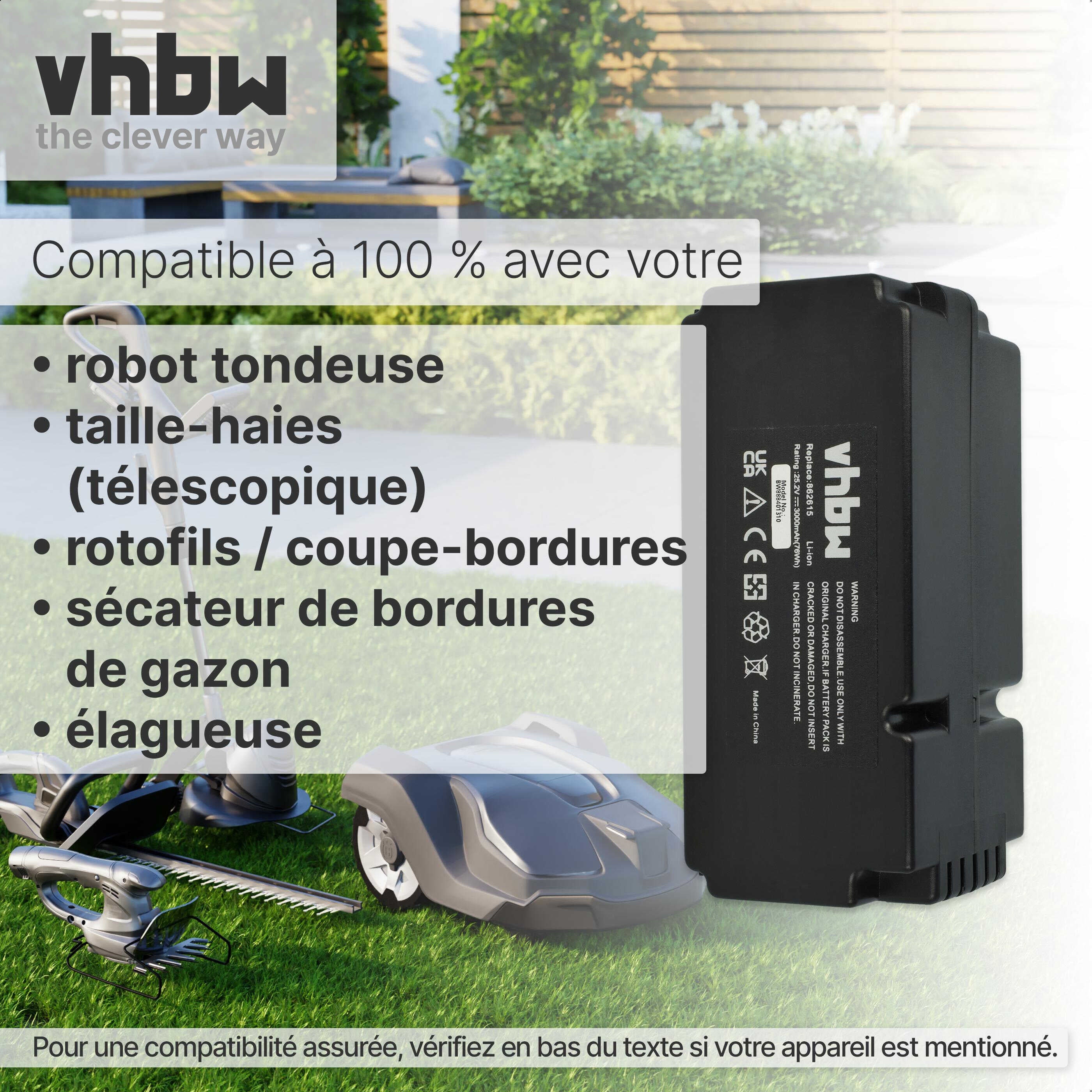 Batterie Vhbw 25,2V 3000mAh Li-ion Pour Tondeuse – Remplace 862601, 862615, 862617, 862618, 0862622, 0862622001