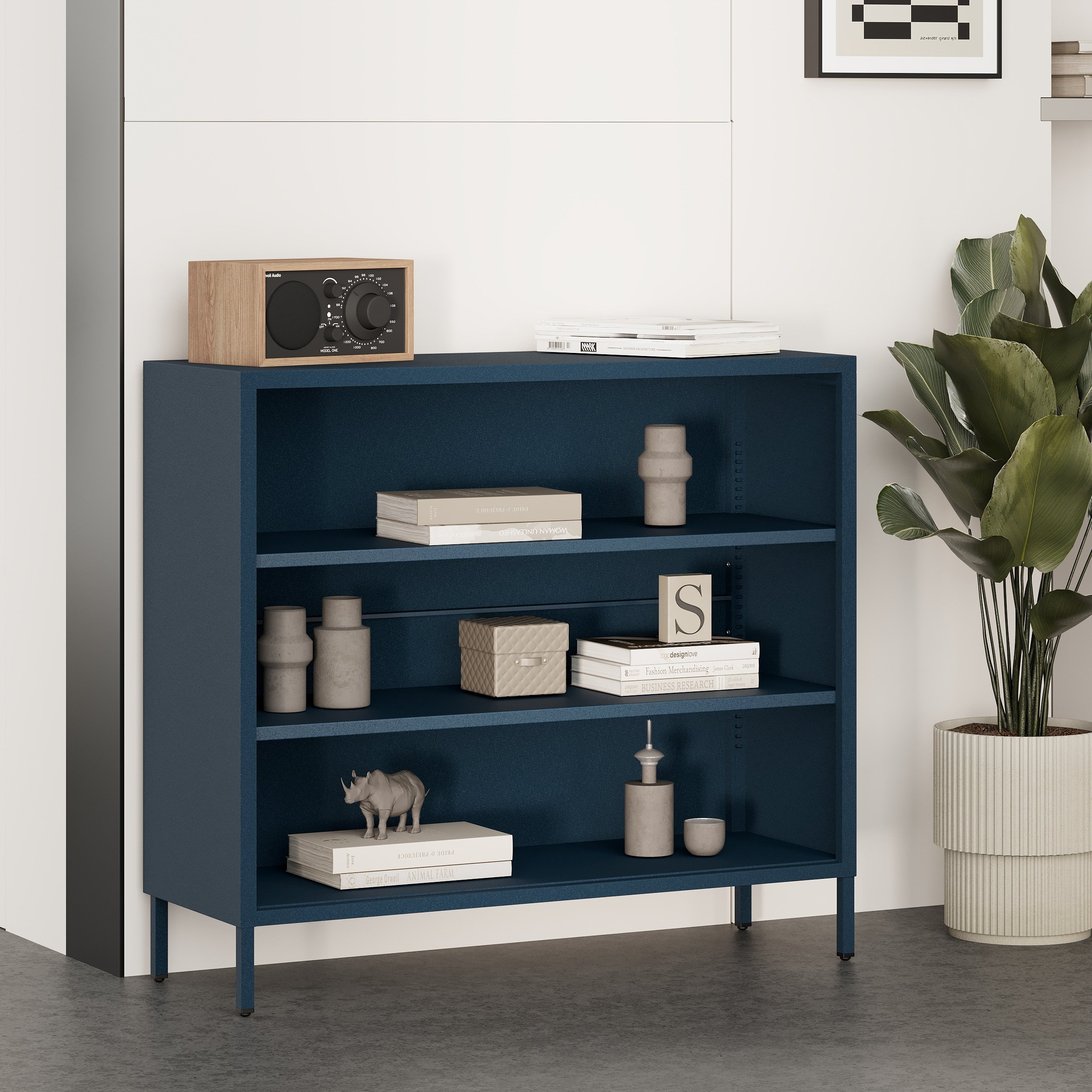 Estantería baja de metal LUCA | Mueble de almacenamiento infantil, salón, estilo industrial | 100 × 90 × 35 cm | Azul oscuro - 4