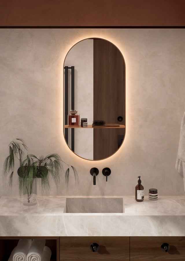 OVAL SHELF LINE Owalne lustro 100 × 50 cm w miedzianej ramie, z podświetleniem LED i półką