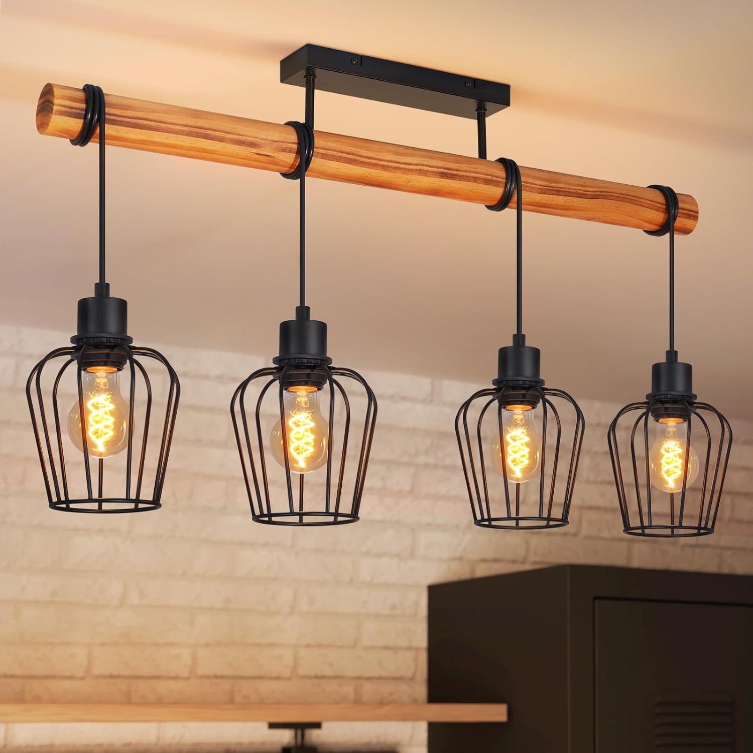 NETTLIFE Lampa Sufitowa Loft Drewno i Czarny Metal, Żyrandol Industrialny 4x E27 do Salonu, Kuchni i Jadalni (Bez Żarówek)