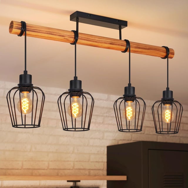 NETTLIFE Lampa Sufitowa Loft Drewno i Czarny Metal, Żyrandol Industrialny 4x E27 do Salonu, Kuchni i Jadalni (Bez Żarówek)