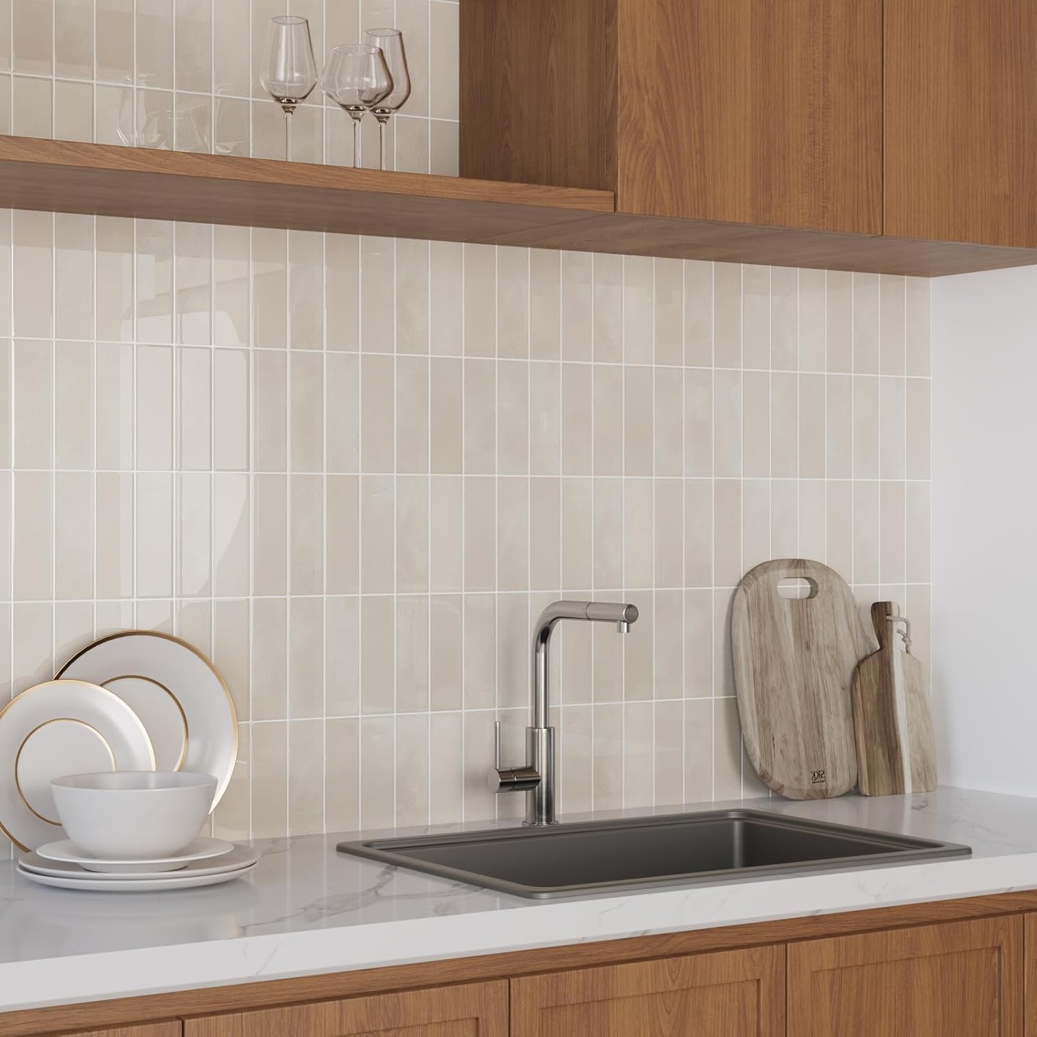 Crédence Adhésive 3D Kaki Clair - 5 Revêtements Imperméables et Personnalisables pour Rénovation Élégante des Murs de Cuisine - 3