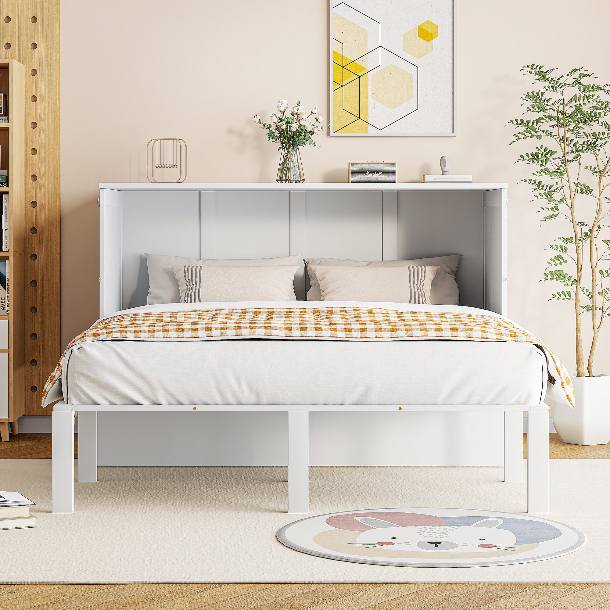 Letto a scomparsa verticale 140 x 200 cm - Legno MDF - Rete a doghe - Bianco - 3