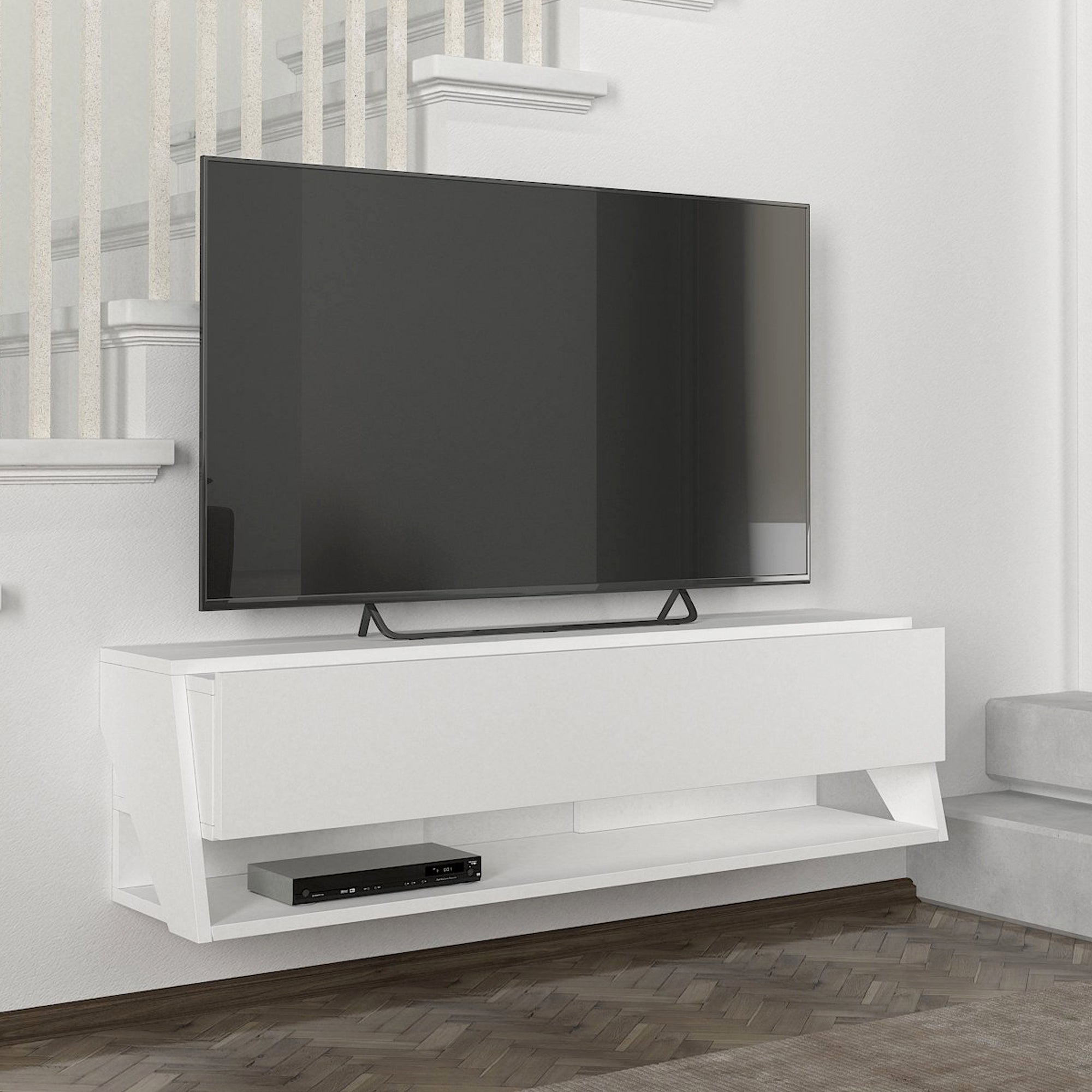 Mobile TV Sospeso A Parete 119,8 Cm Bianco – Mensola Per TV Fino A 75'' Con Ripiani E Comparto Chiuso - 3