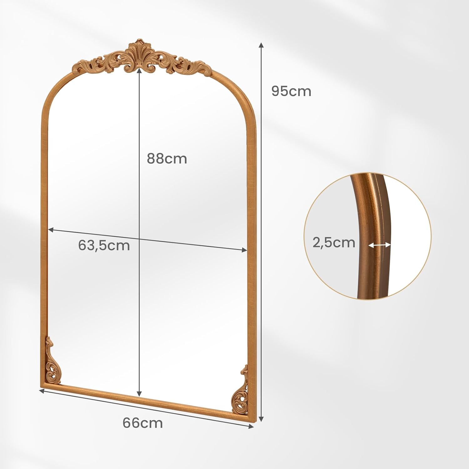 Miroir Mural Doré Vintage, Miroir Arqué Décoratif avec Cadre Baroque Orné, Métal Robuste, Décoration Murale pour Entrée, Salon, Couloir (66x95 cm) - 8