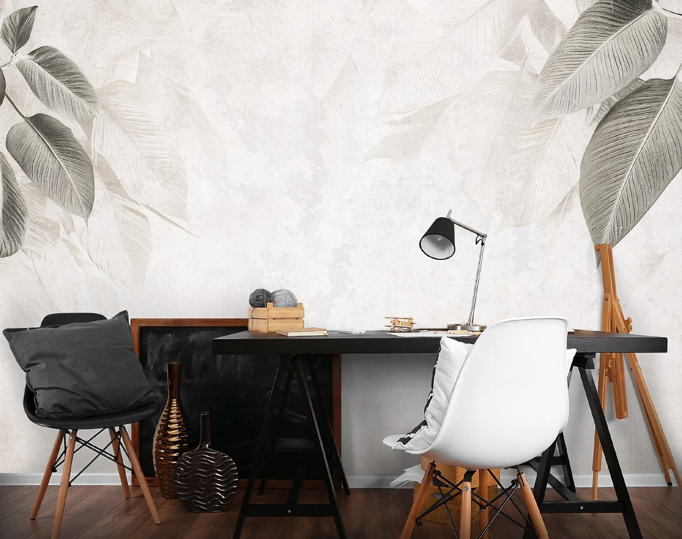 Papel pintado panorámico de hojas de hormigón gris 350x250 cm - Incluye cola - Dormitorio y salón - Mural de pared moderno - 2