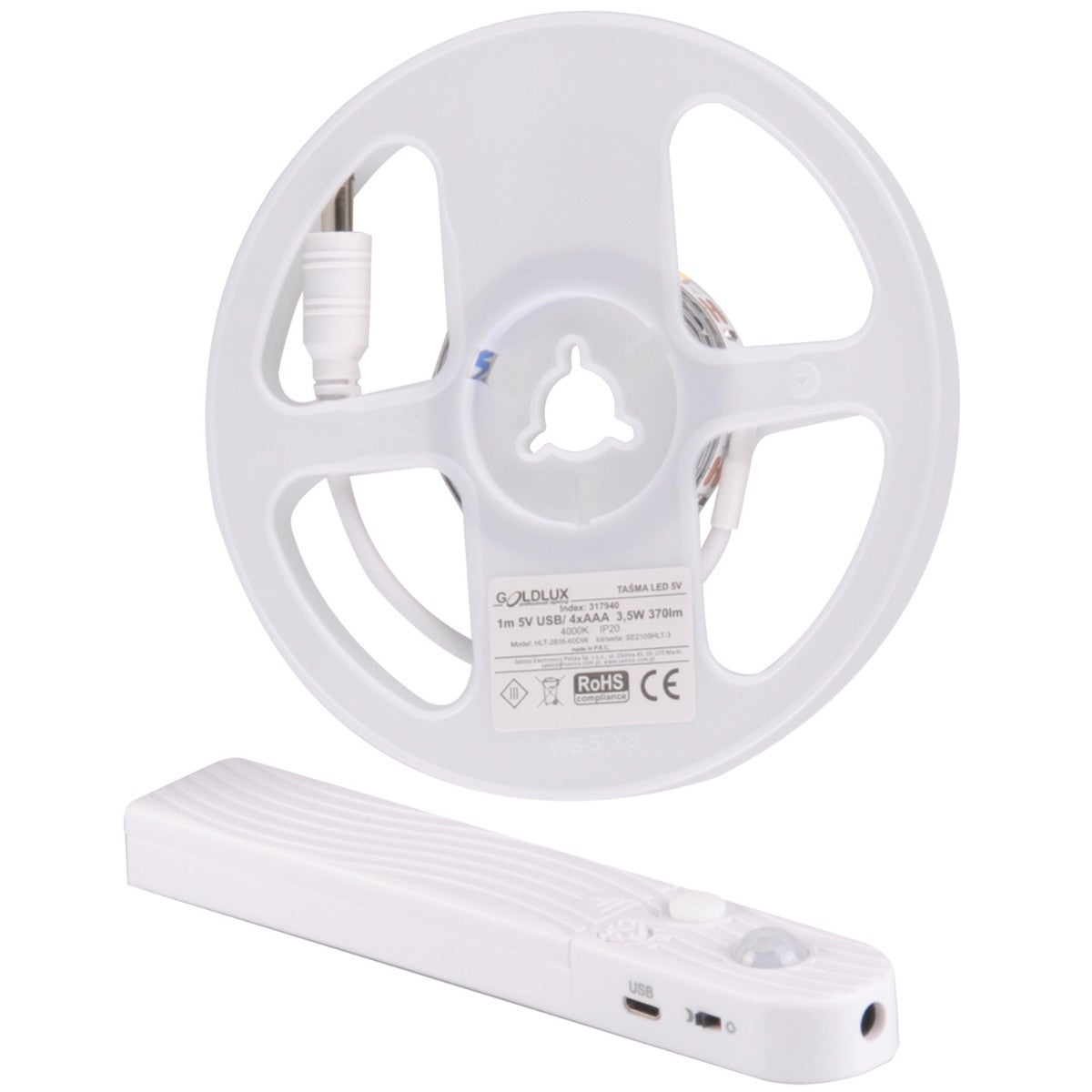 Taśma LED zasilana bateryjnie 1m z czujnikiem PIR 4000K IP20 + port USB Polux