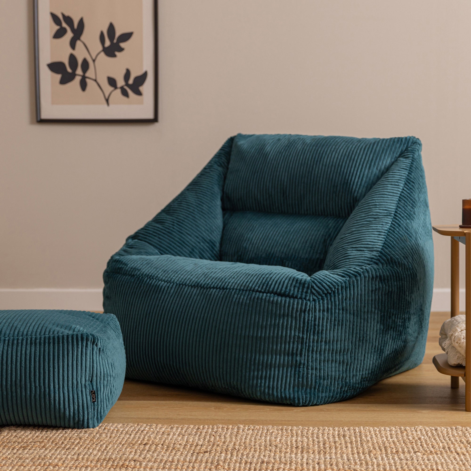 Pouf fauteuil avec repose-pied carré Icon velours côtelé bleu canard 97x84cm Oeko-Tex® - 2
